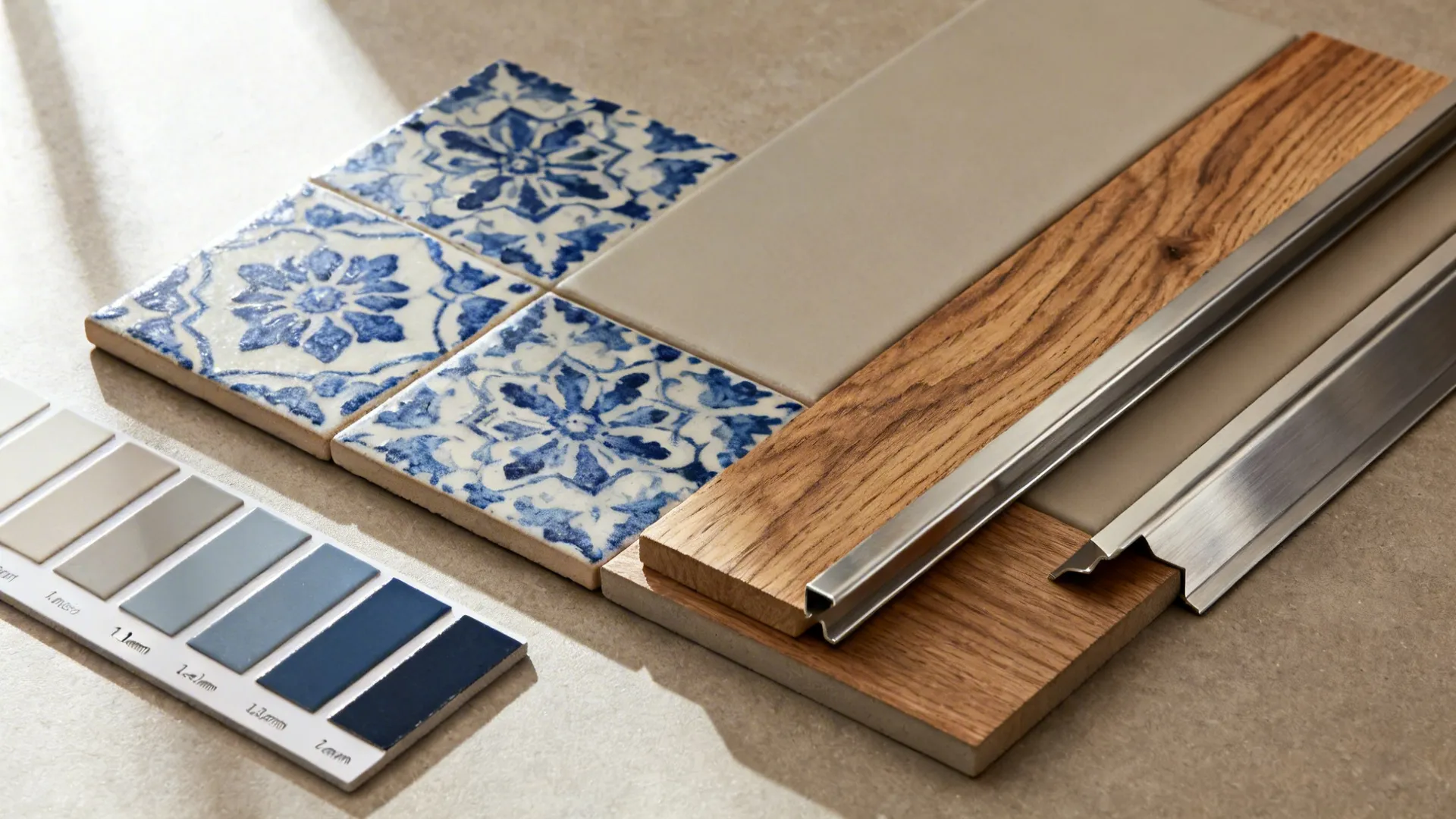 Flat lay of Jaipur blue motif tile, matte field tile, wood, metal trim, and grout swatches.