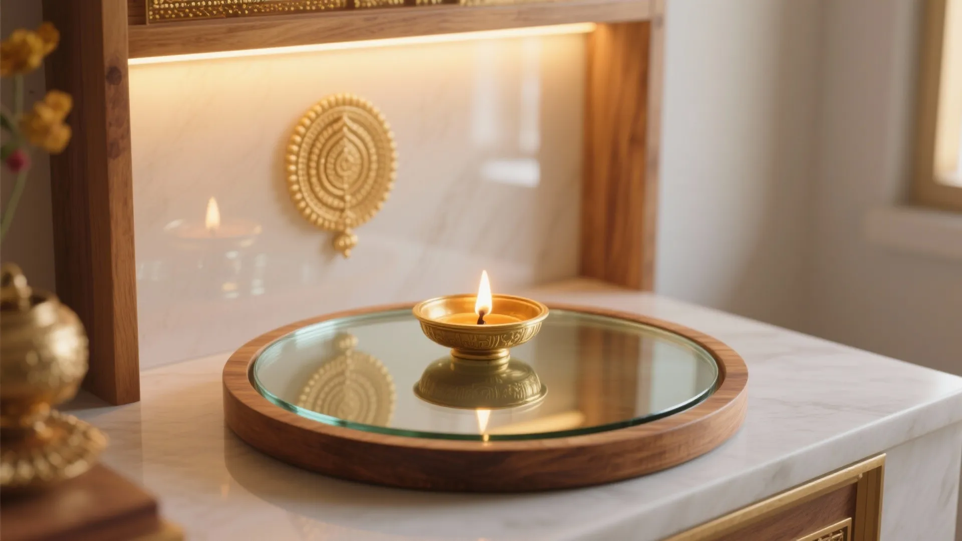 Contemporary Fusion Thali with Glass, Wood, and Warm Lighting