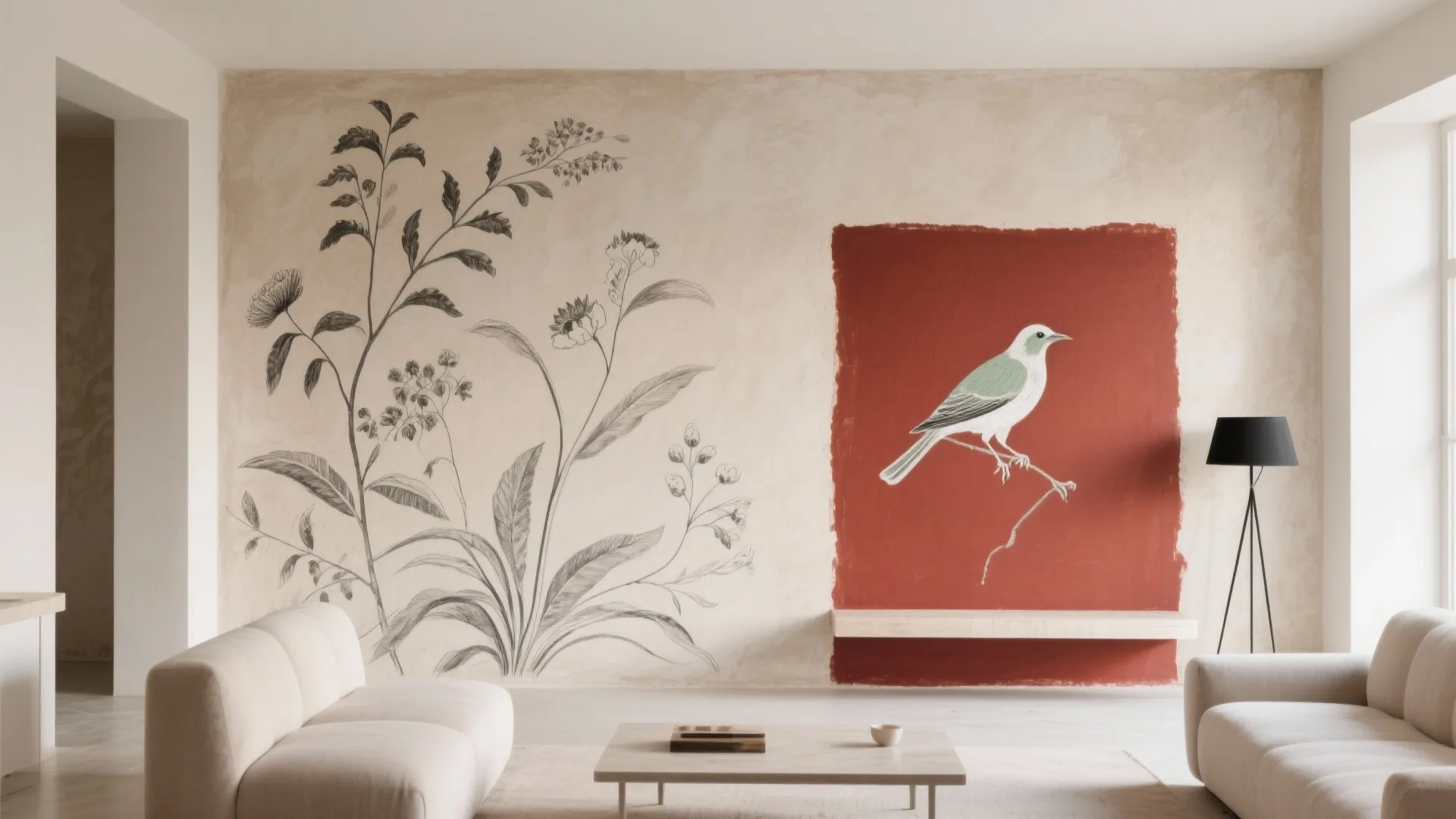 Modern living room with bird and flower wall art plus white sofa and black lamp