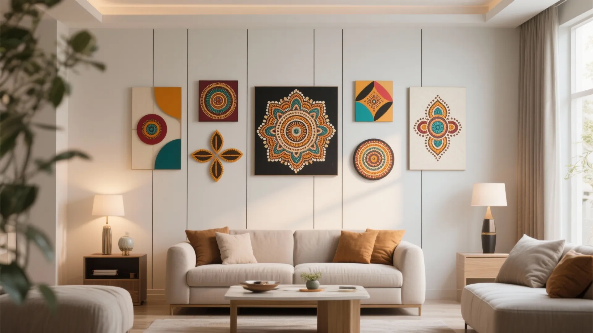 Modern living room with beige sofa white wall panels colorful wall art and table lamps