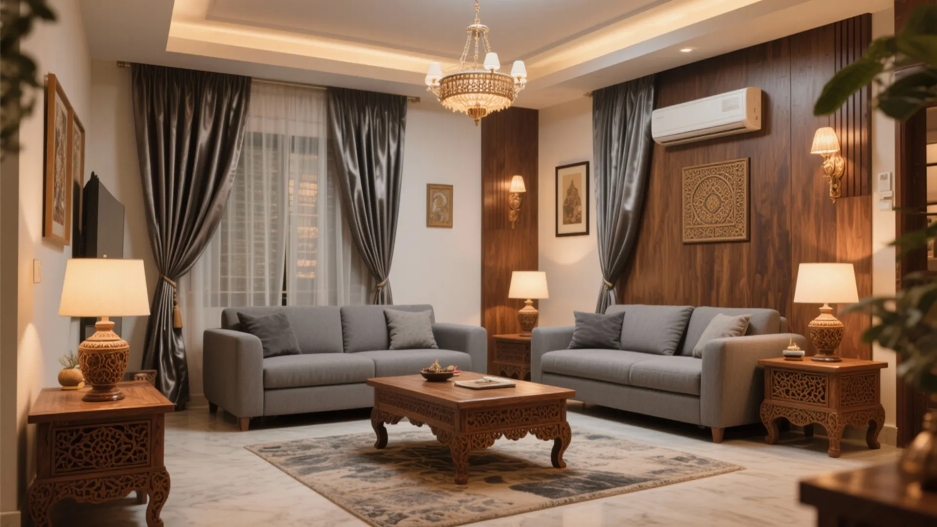 Elegant living room with wood wall panels grey sofas carved wooden coffee table and ceiling light