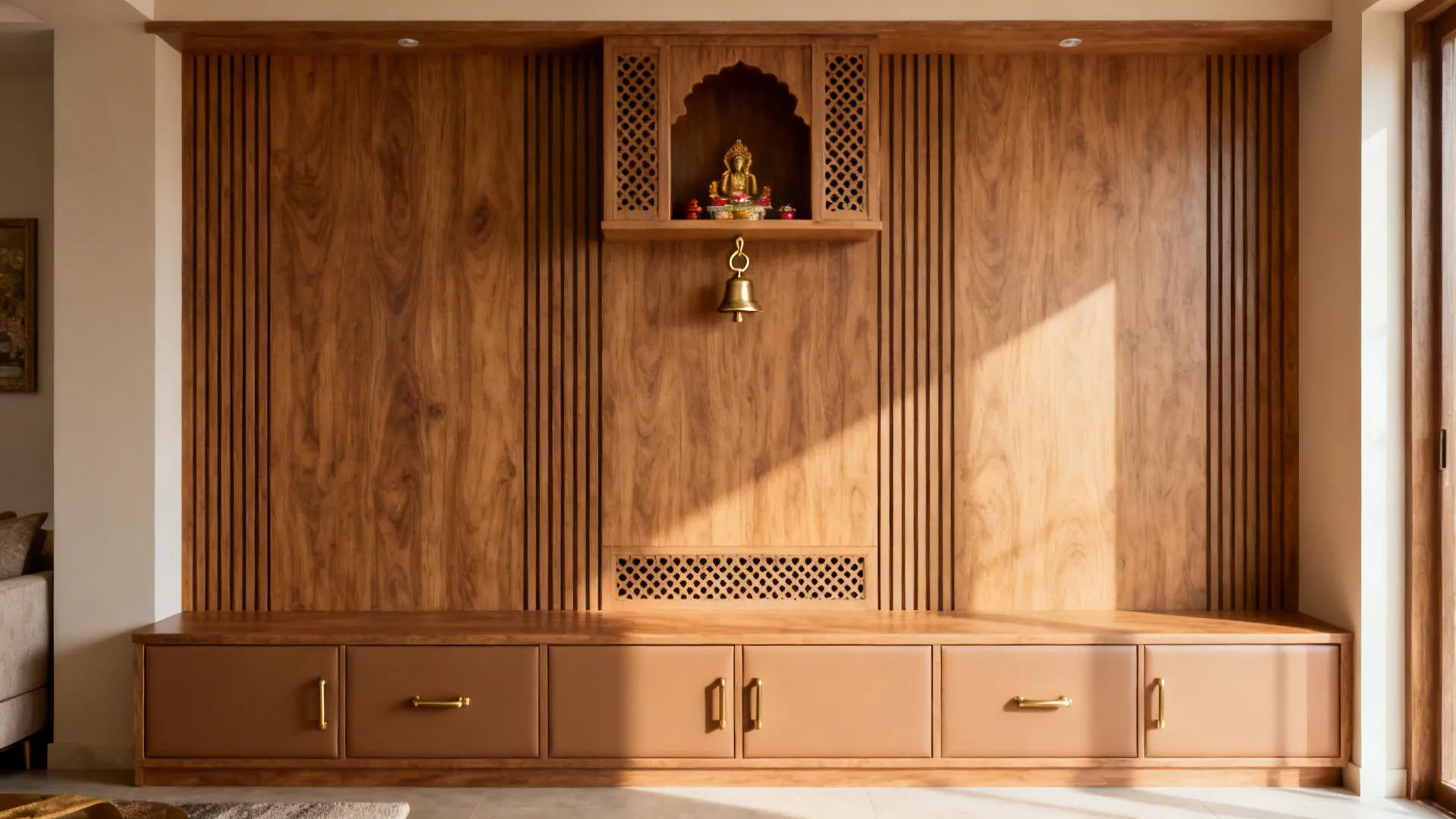 Modern Indian Fusion: Veneer + Grooves + Open Mandir