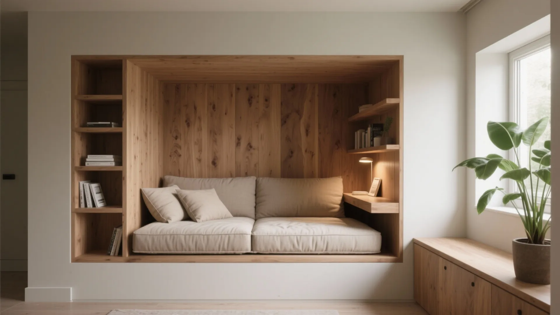 Custom wooden alcove with built in sofa bookshelves small side table and bright window side plant