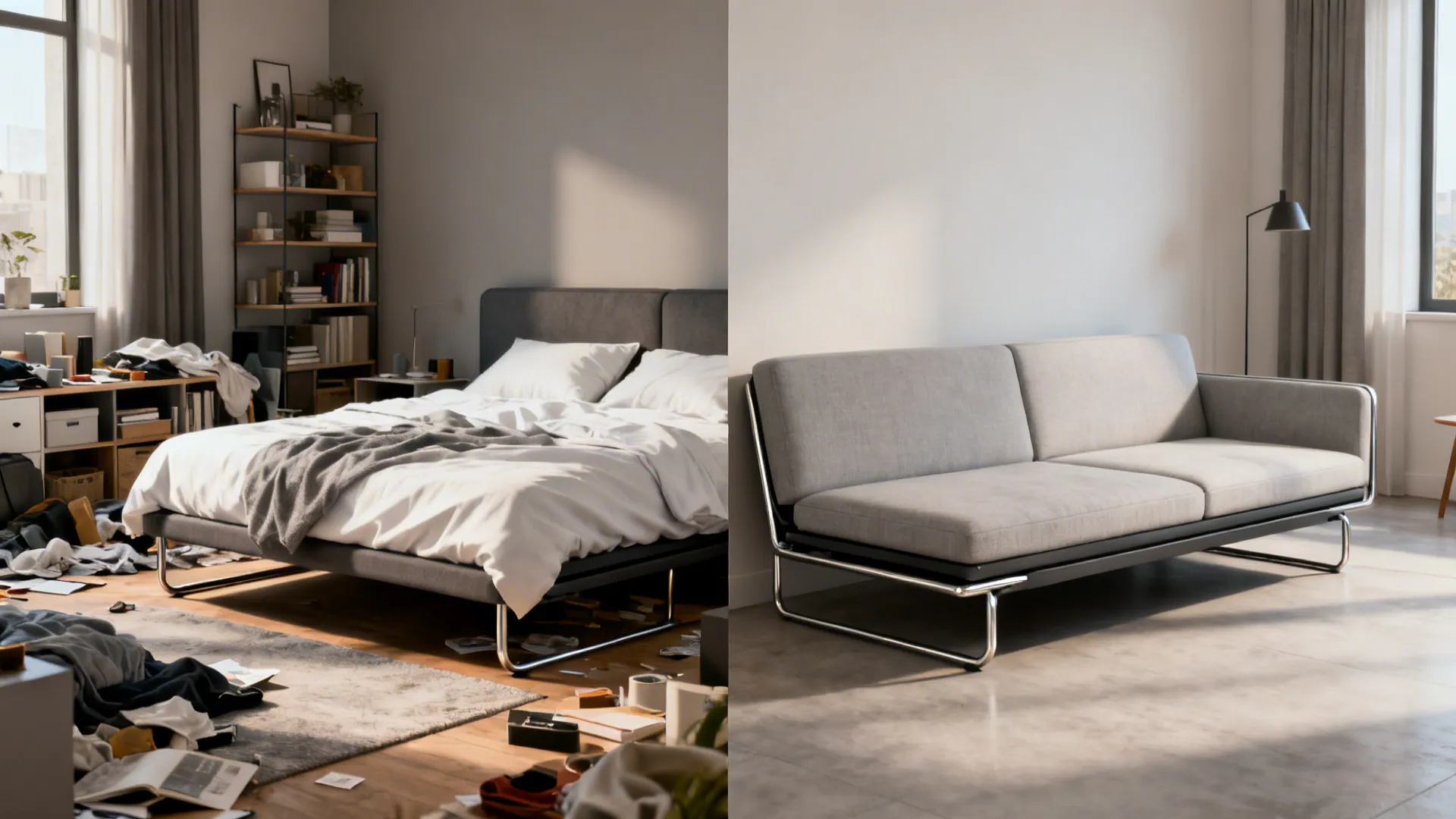 Before and after view of a studio using a convertible futon as seating and bed