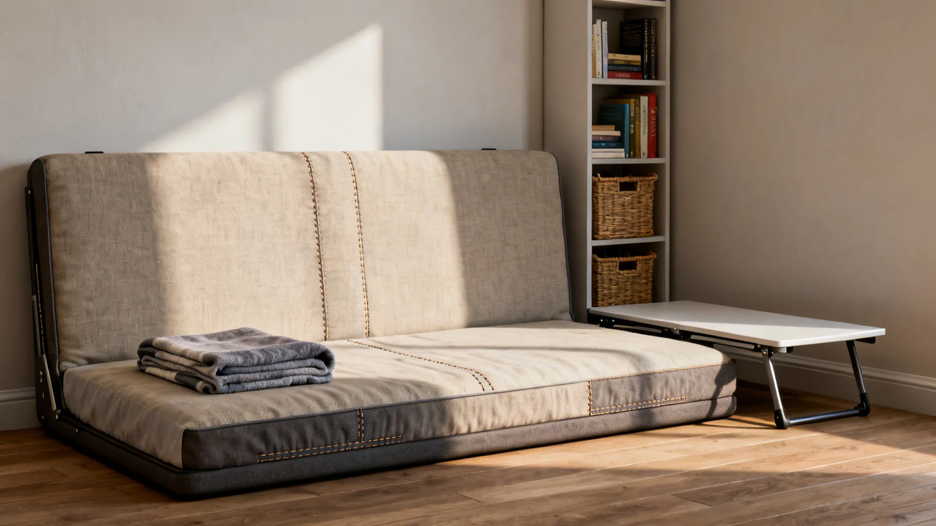 Futon sofa with a slim bookcase and a foldable side table in a compact living room.
