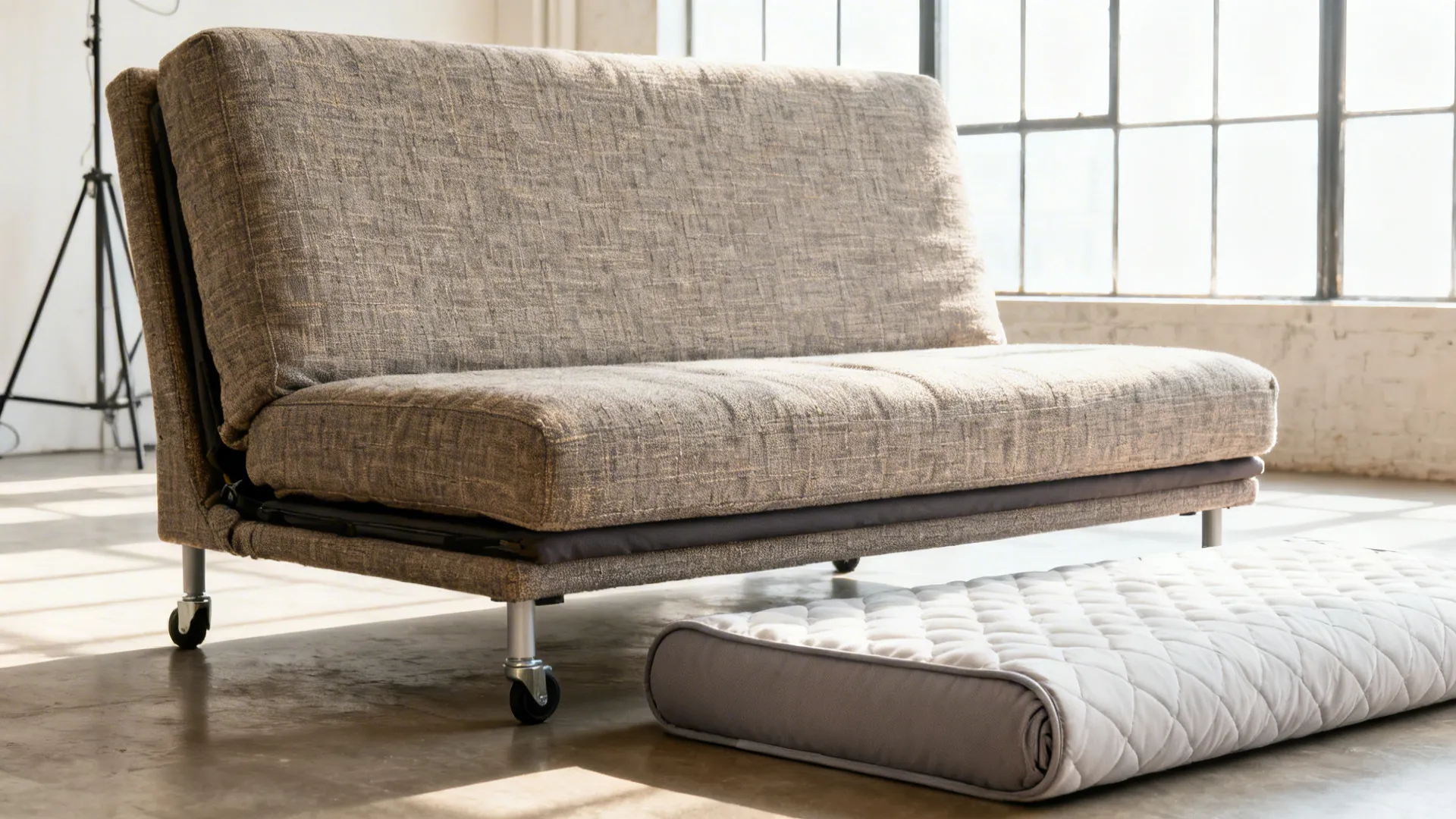 Futon-style convertible sofa in a casual studio with a high-density topper nearby
