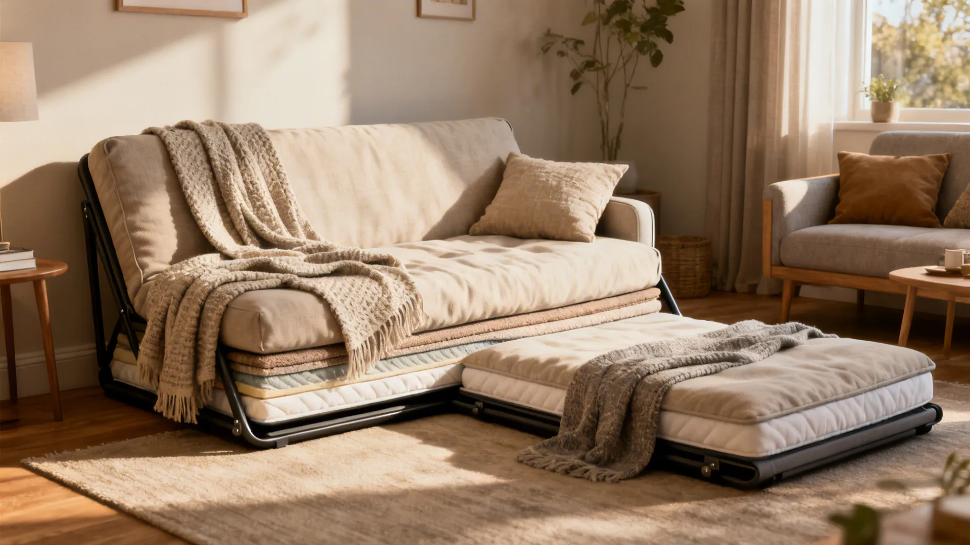 Neutral foldable futon-style daybed with layered throws in a small living room.