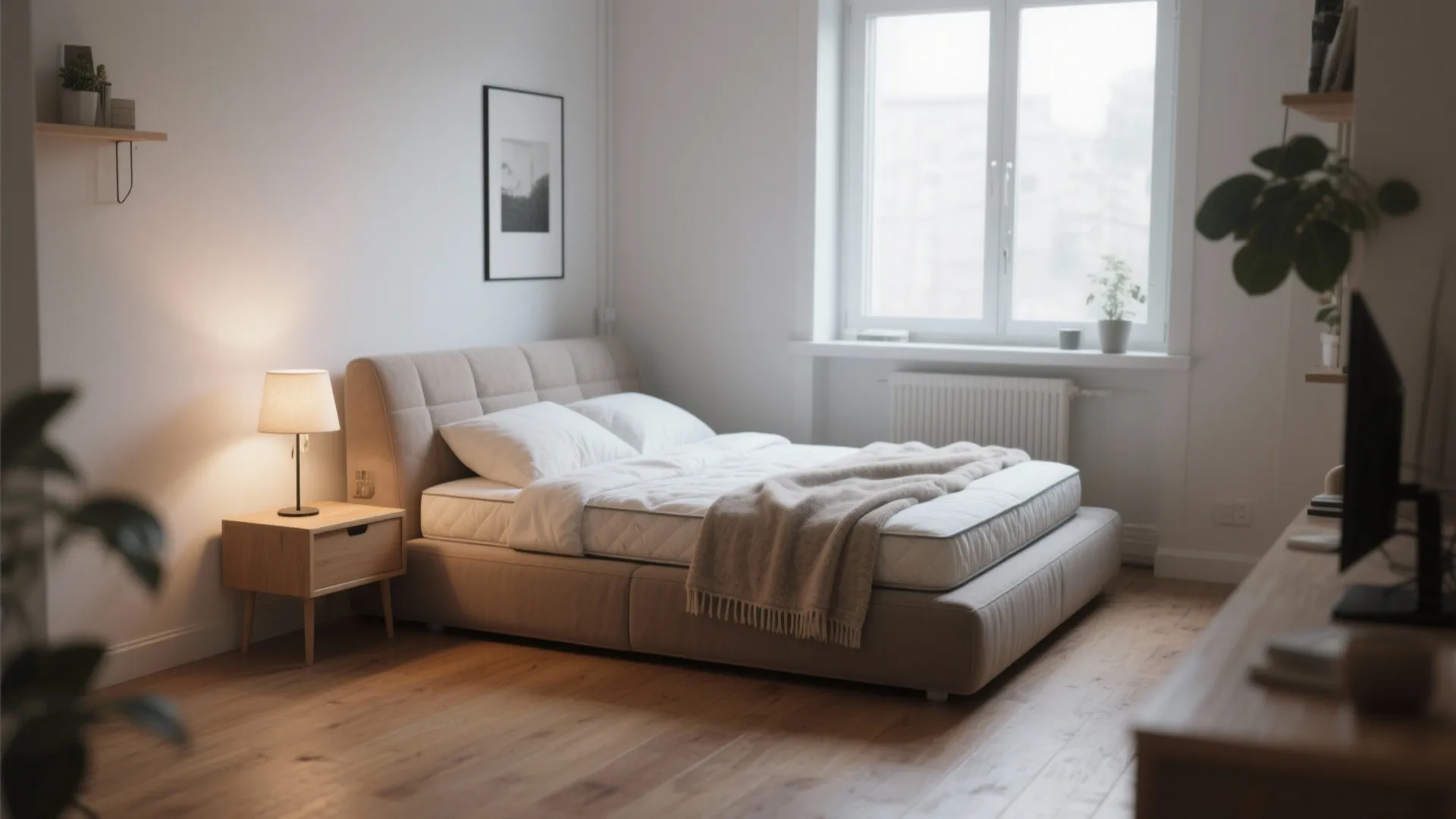 Futon sofa bed in a studio apartment partially unfolded with a plush throw for added comfort