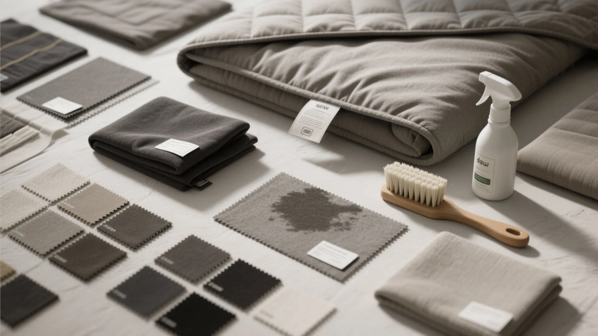 Top-down view of futon fabric swatches, removable covers and cleaning tools