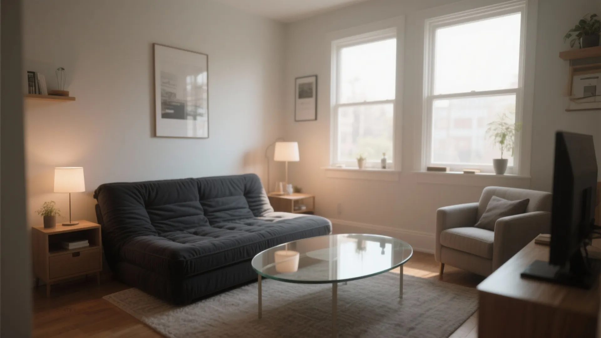 4. Futon with a Glass Coffee Table Pairing