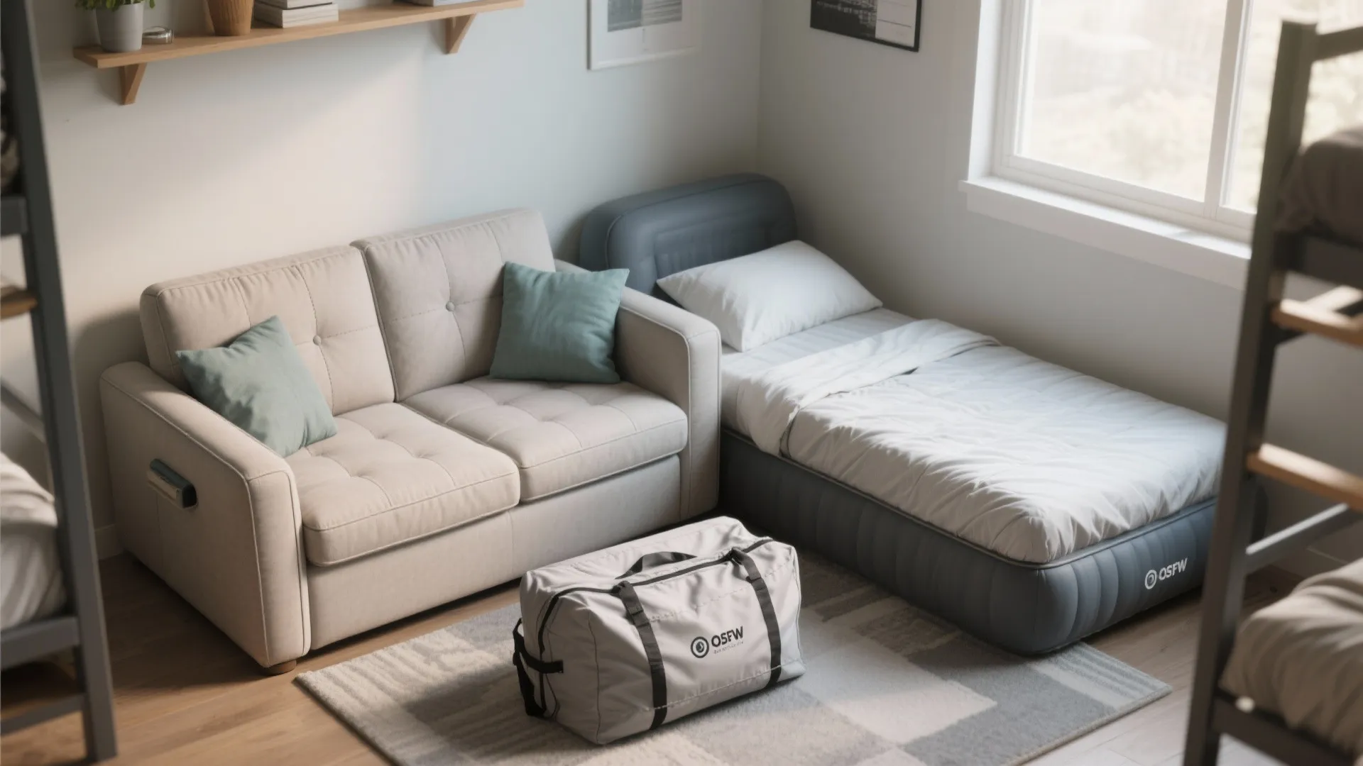Modern futon and inflatable hybrid sofa-bed options staged in a dorm room, showing portability and washable covers