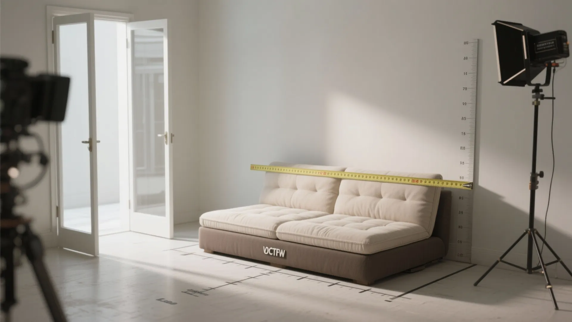 Studio showing a futon with a tape measure to illustrate clearance and measuring tips