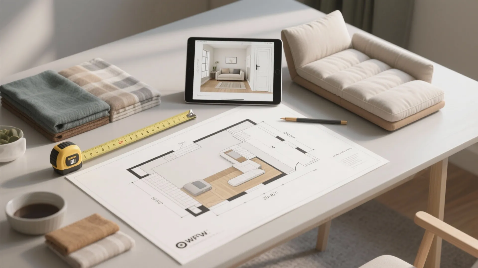 Desk with interior design drawing, tablet showing room layout, fabric samples, and yellow measuring tape