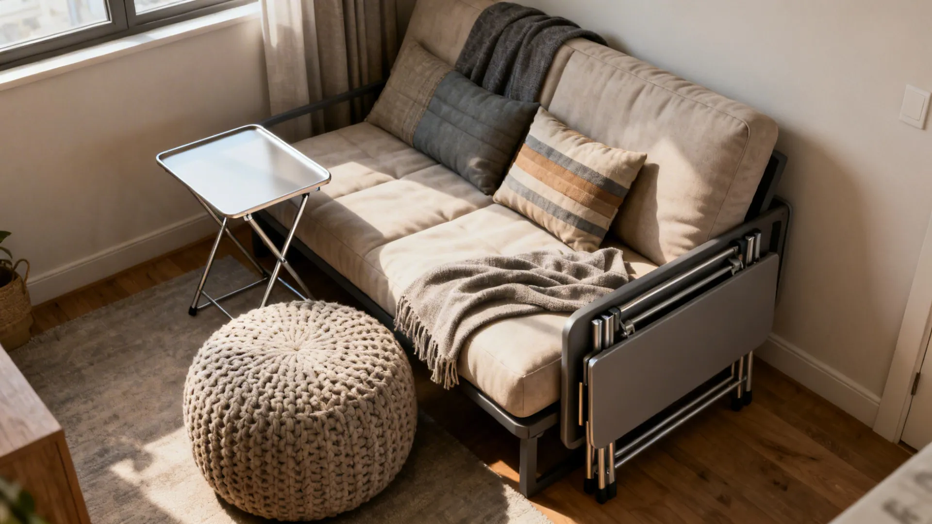 Futon sofa with a pouf and a folding tray table in a multifunctional small apartment layout.