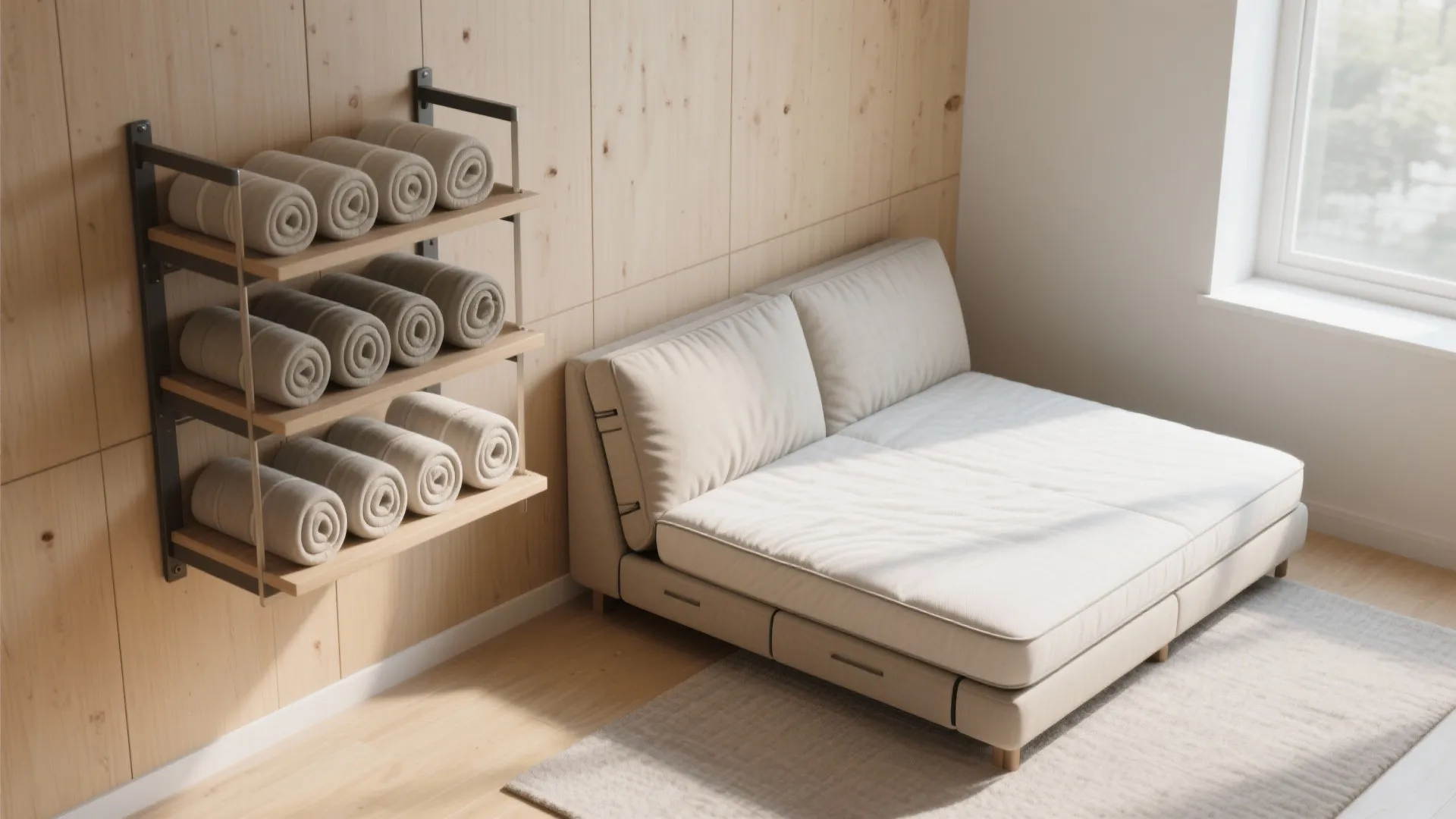3. Convertible futon with rolled storage
