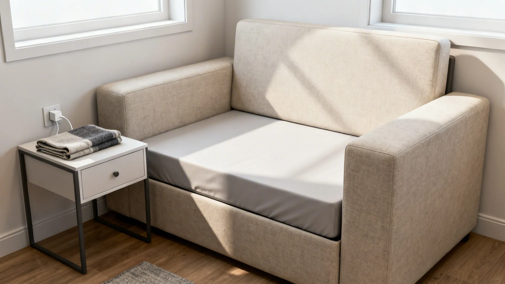 Modern futon sofa with a slim side table and drawer in a compact living area