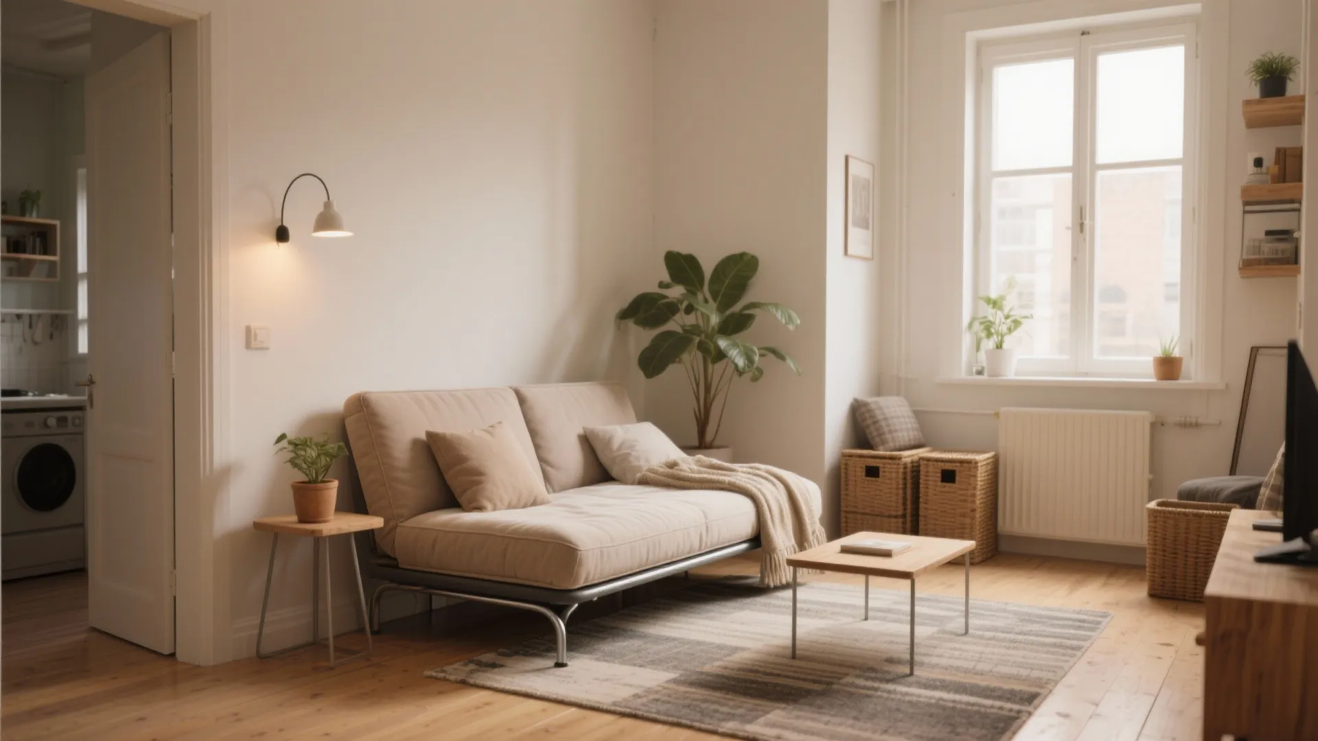 Bright living room with beige sofa, wooden coffee table, wall light, green plants, and window