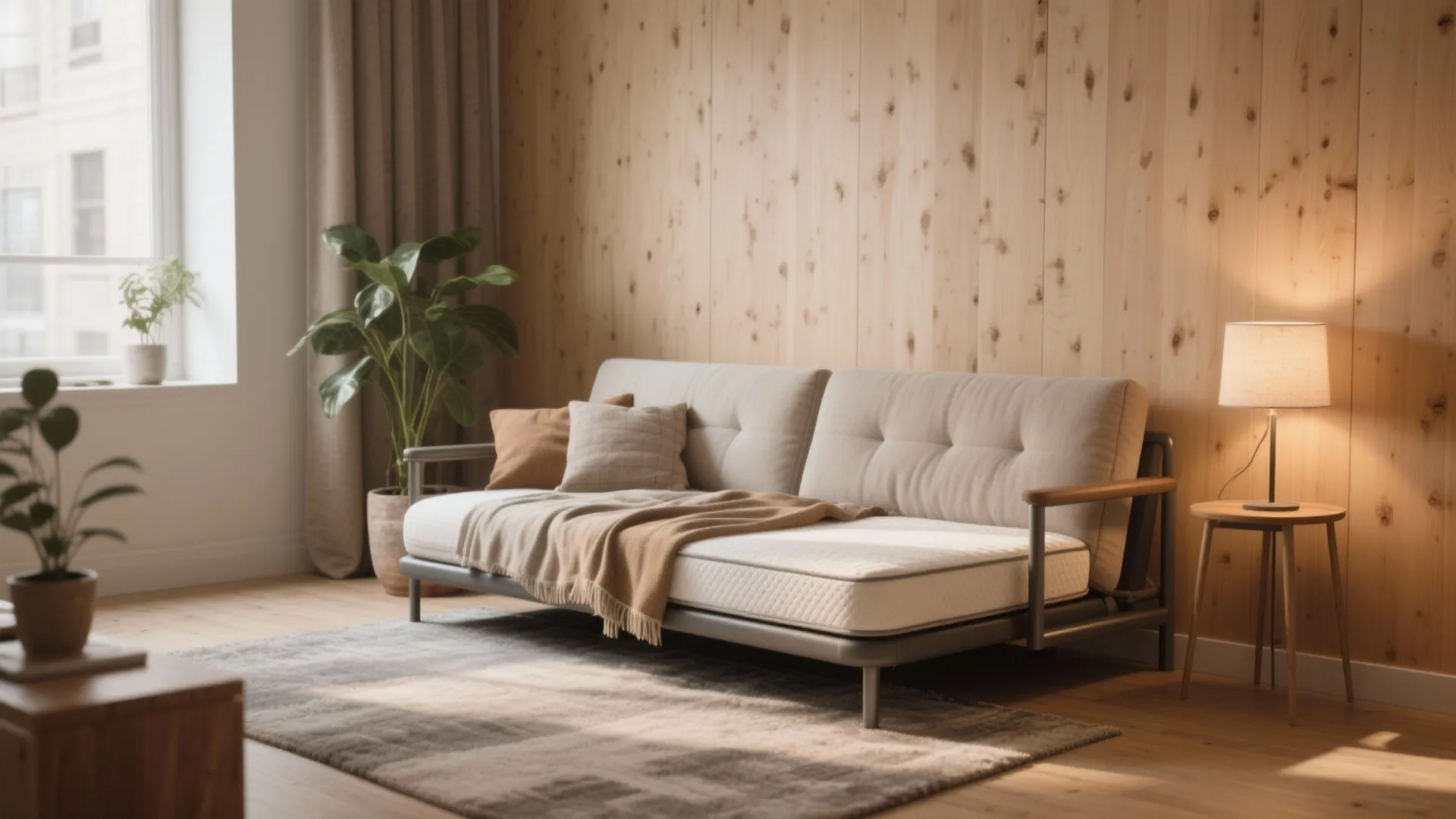 Small grey sofa with wooden arms placed against a light wood wall in a cozy room