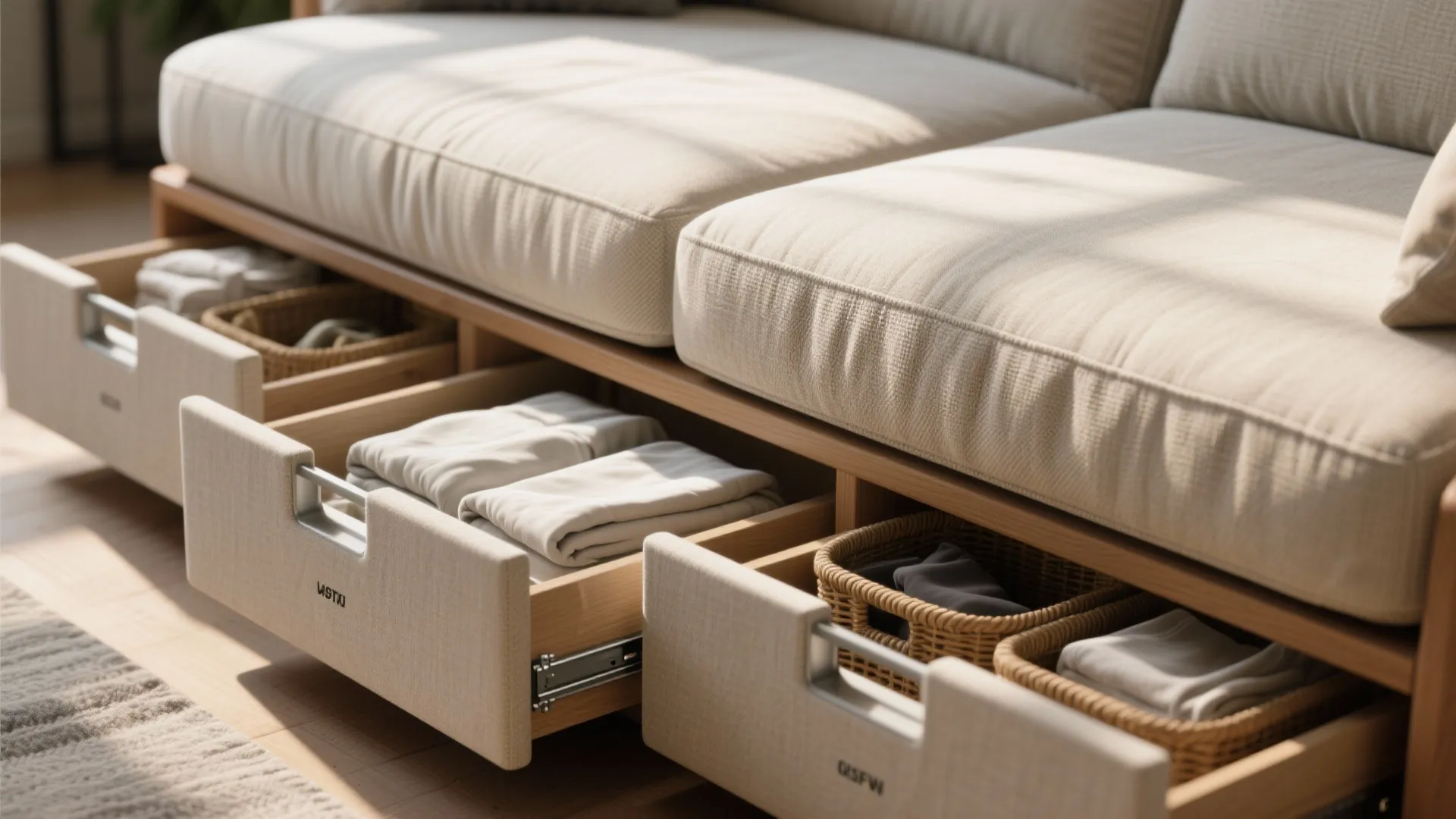 Close-up of a futon with built-in storage drawers and folded linens