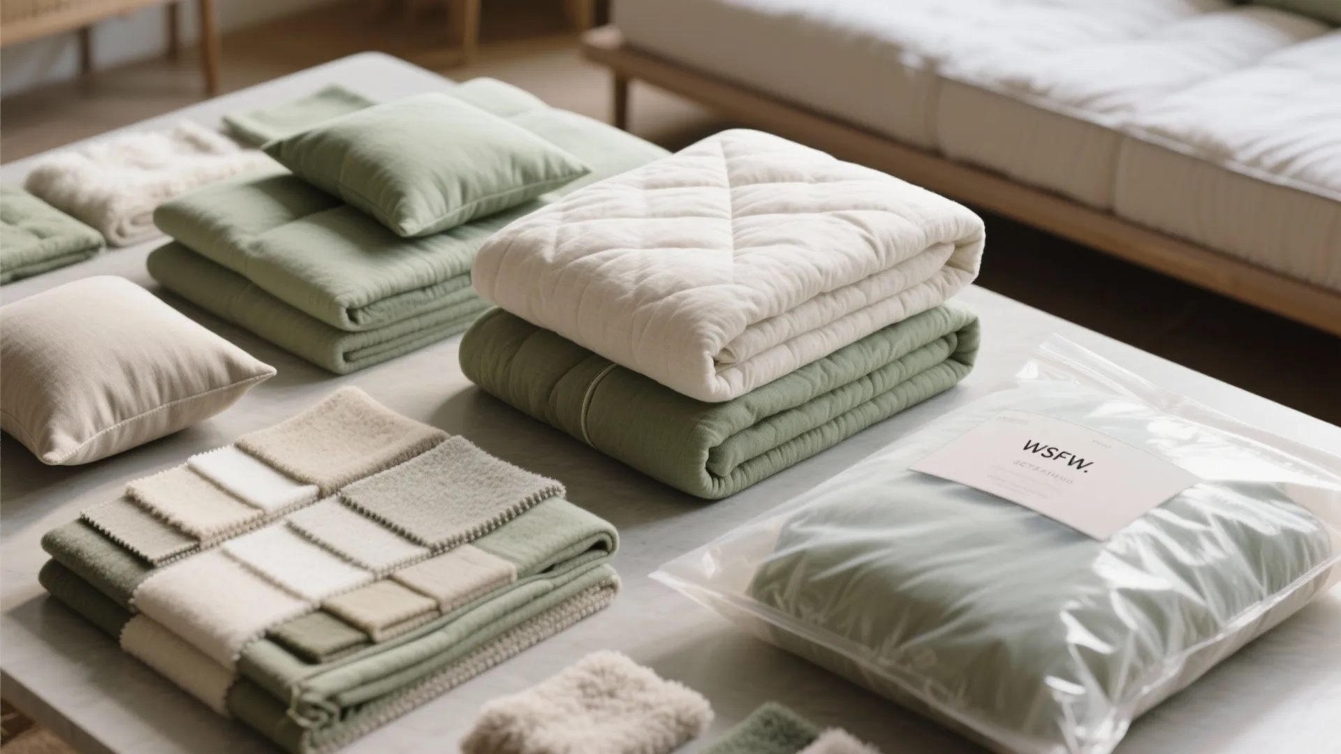 Assorted green and beige folded blankets plus pillows and fabric samples displayed on a white table