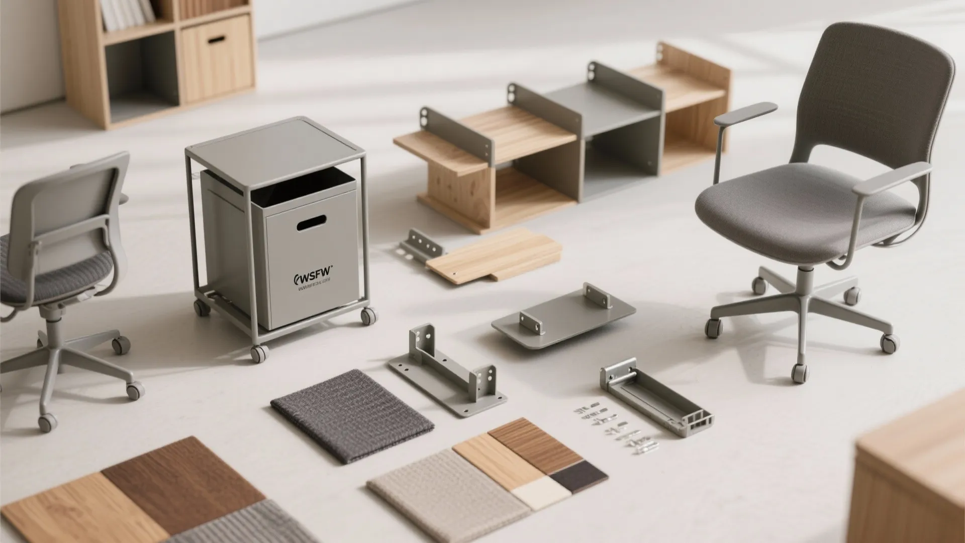 Unassembled grey office chair parts with wooden shelves and small cabinet pieces on a floor
