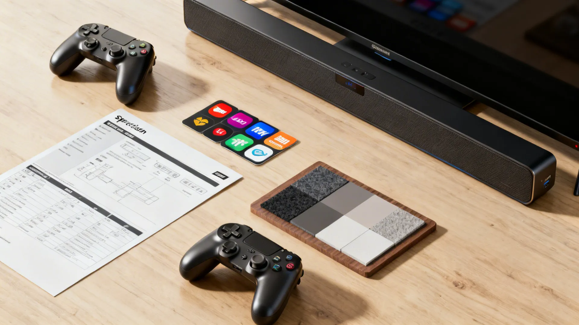 Flatlay of TV specs, game controller, streaming app cards and a soundbar sample, showing considerations for future-proofing.