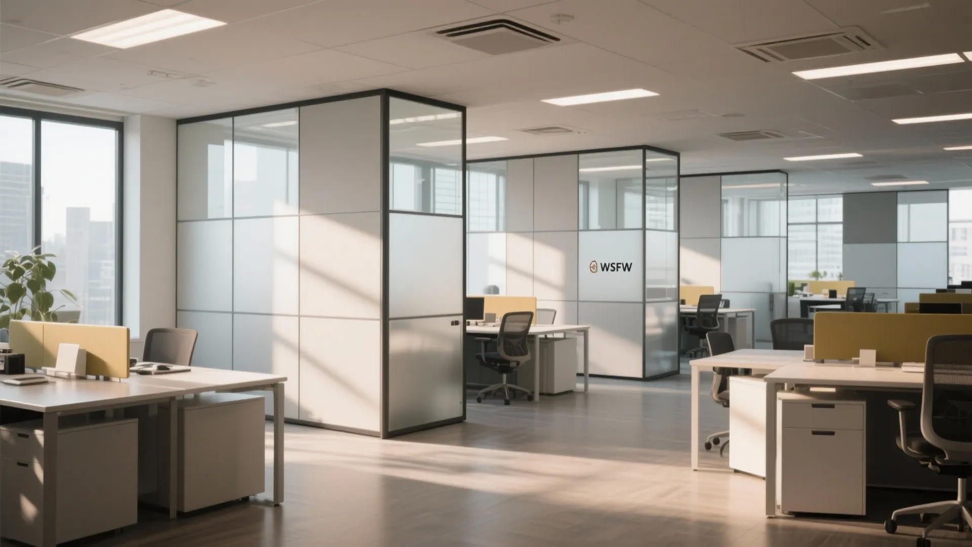 Modern open-plan office with glass walls, white desks, grey chairs, yellow panels, and natural light