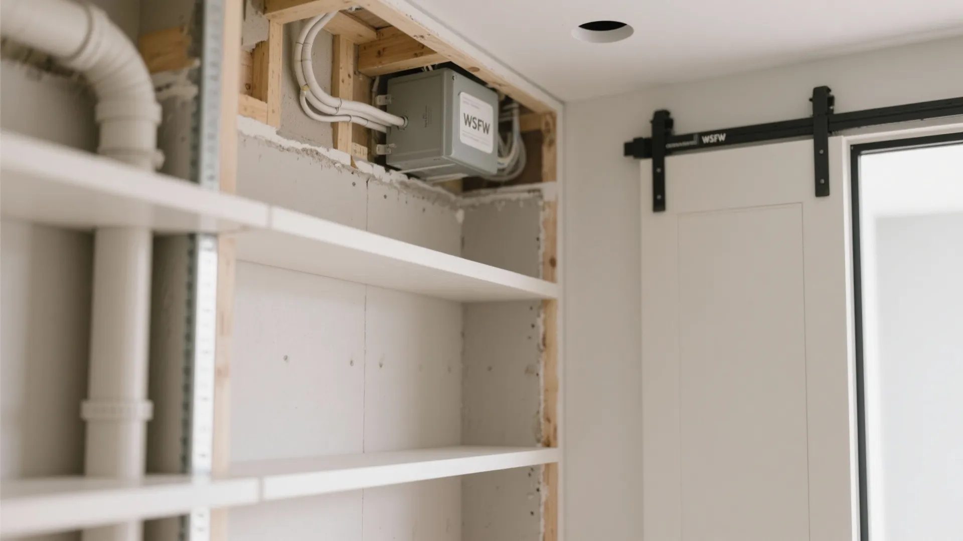 Close-up of wall blocking, conduit, and pocket door track enabling future room conversions.