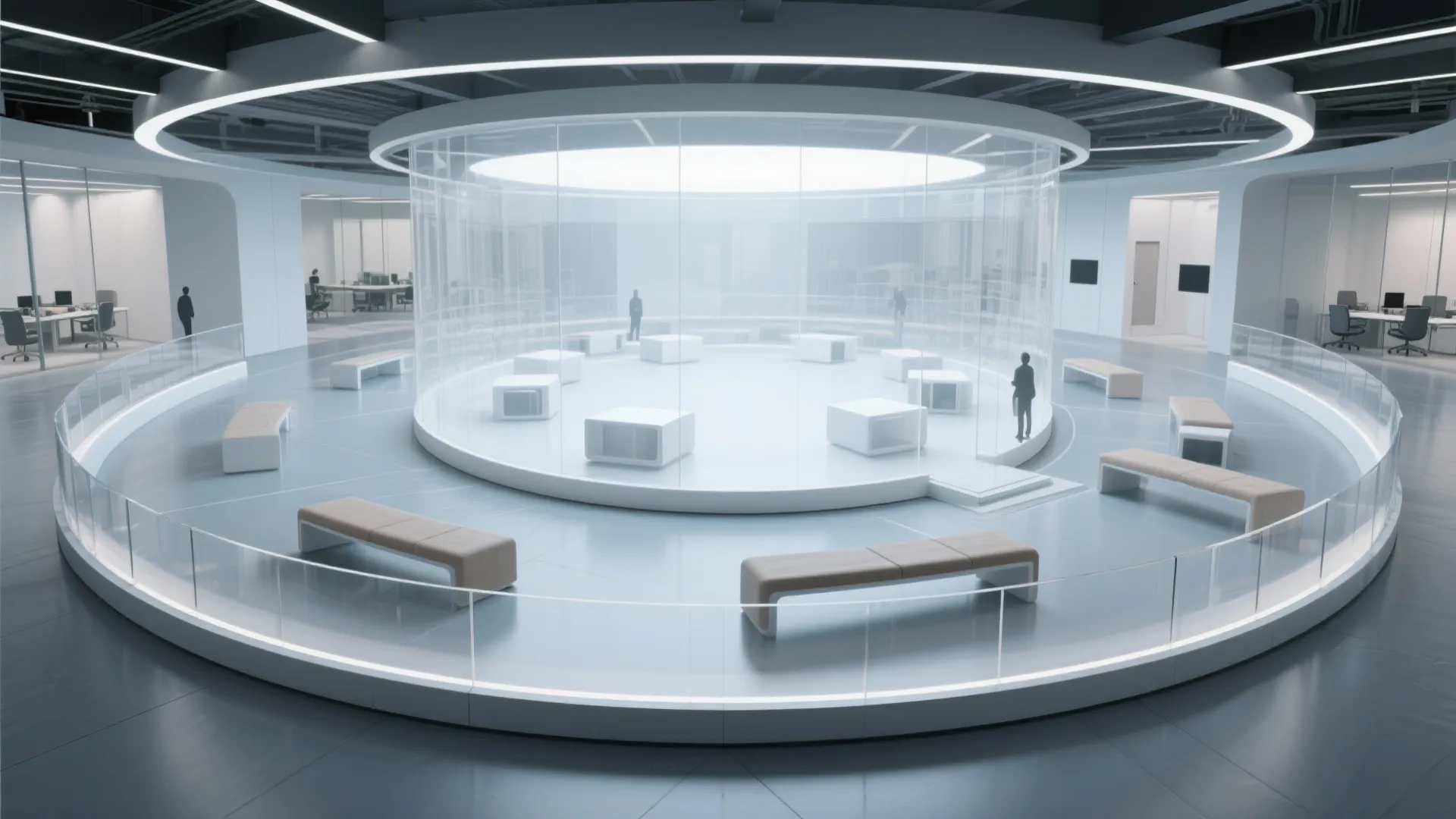Futuristic circular office lounge area with glass walls white benches and round bright ceiling lights