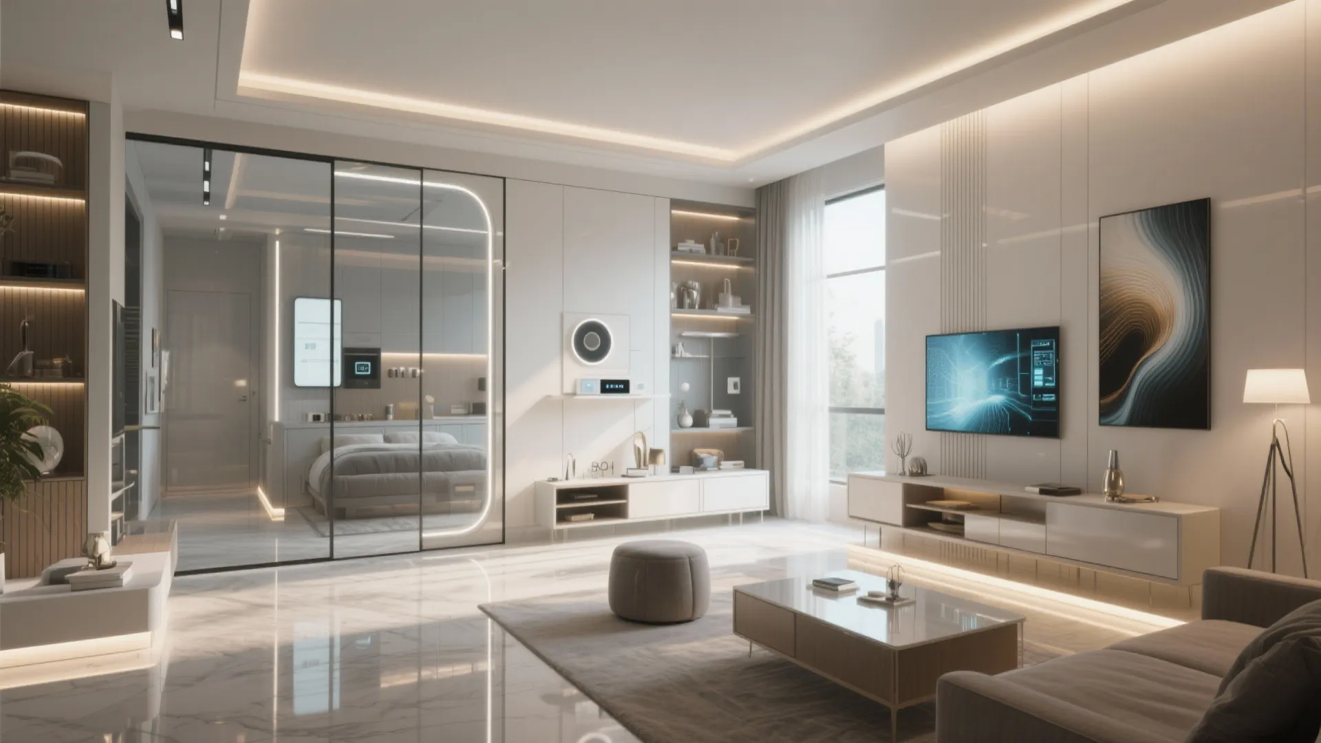 Modern white living room featuring a glass wall partition looking into a minimalist grey bedroom