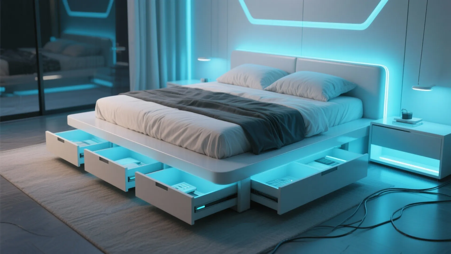 White modern bed frame with open storage drawers featuring glowing blue internal led light strips