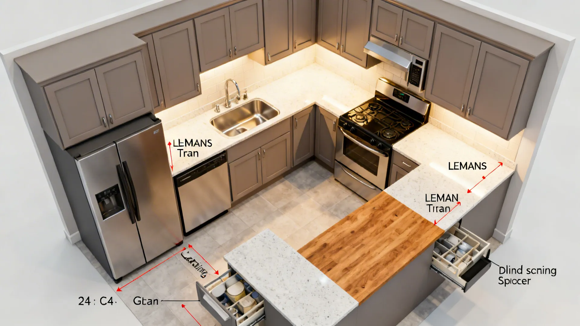 Top-down G-shaped kitchen plan with staggered sink and cooktop, narrow appliances, and corner pullouts.