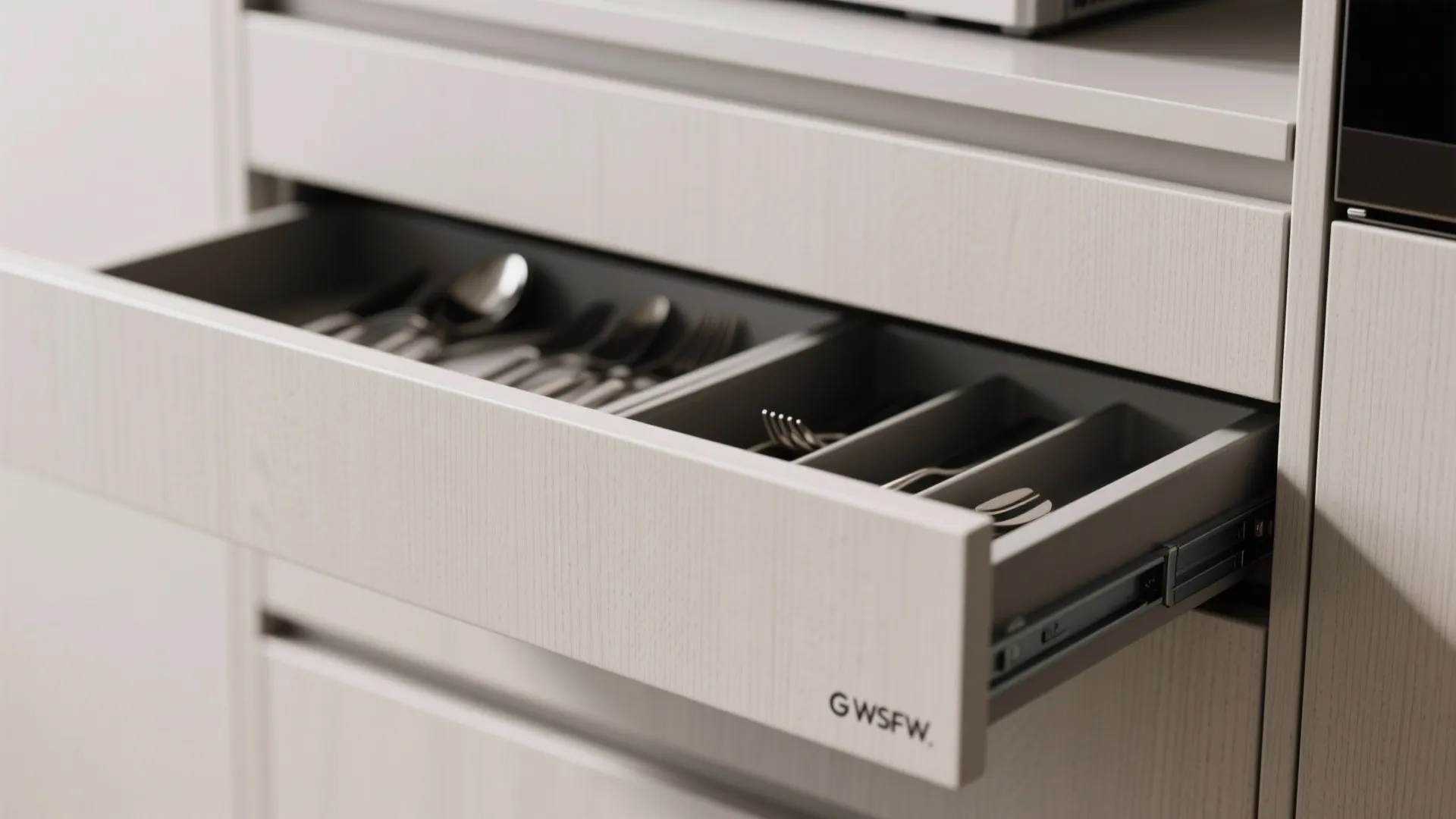 Open white kitchen drawer with grey organizer tray containing silver spoons forks and metal knives