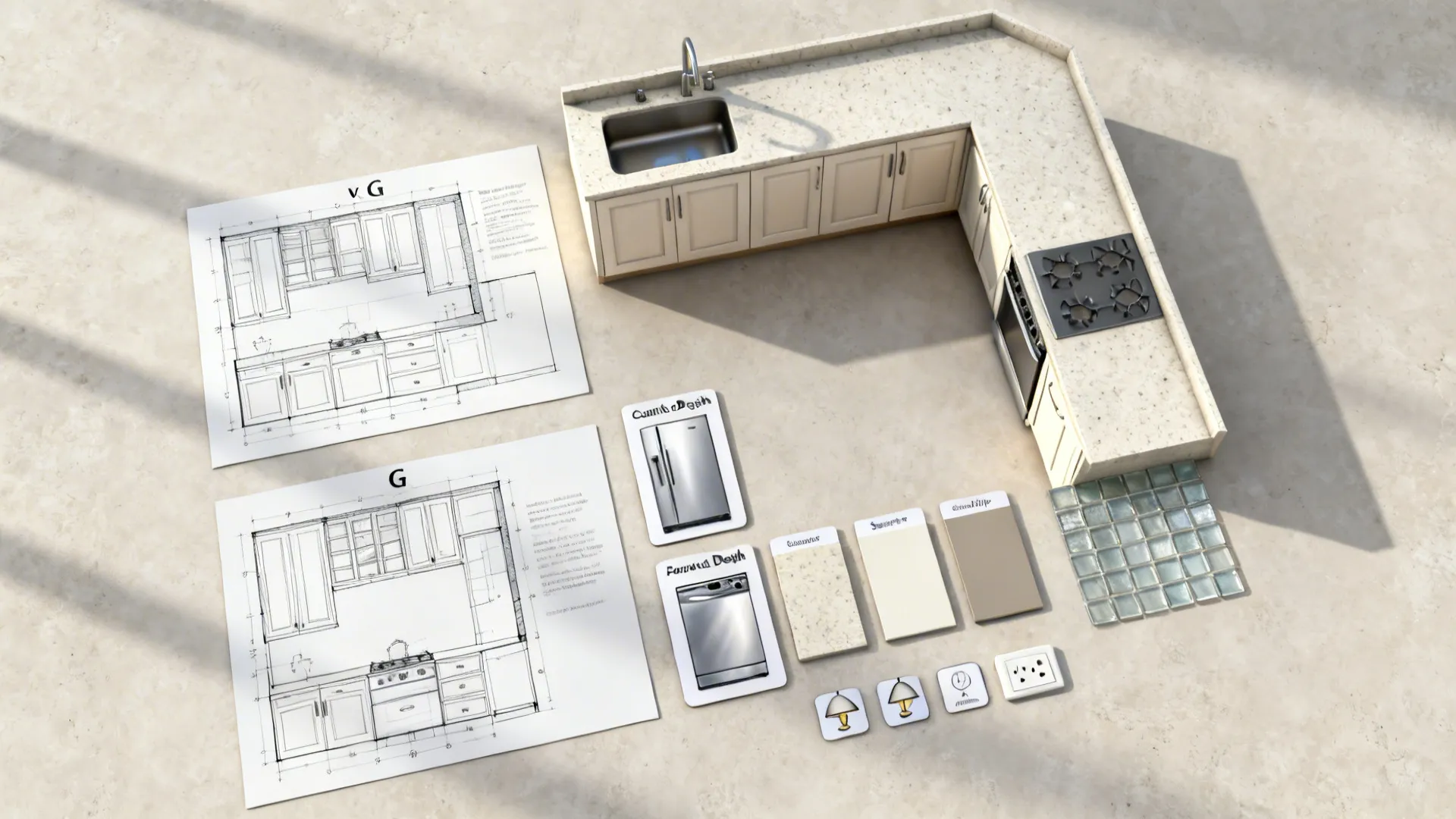 Flat lay of G and L plan sketches, compact appliance cards, and light-friendly materials.
