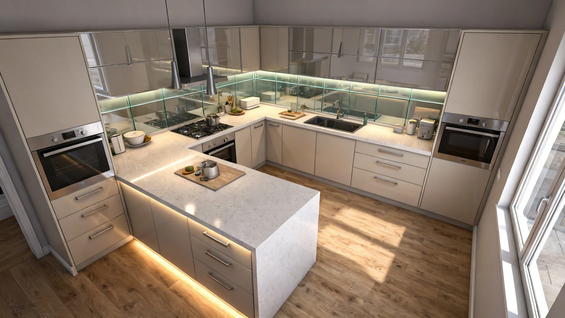 Top-down G-shaped kitchen illustrating prep peninsula, zones, storage, light, and clearances.