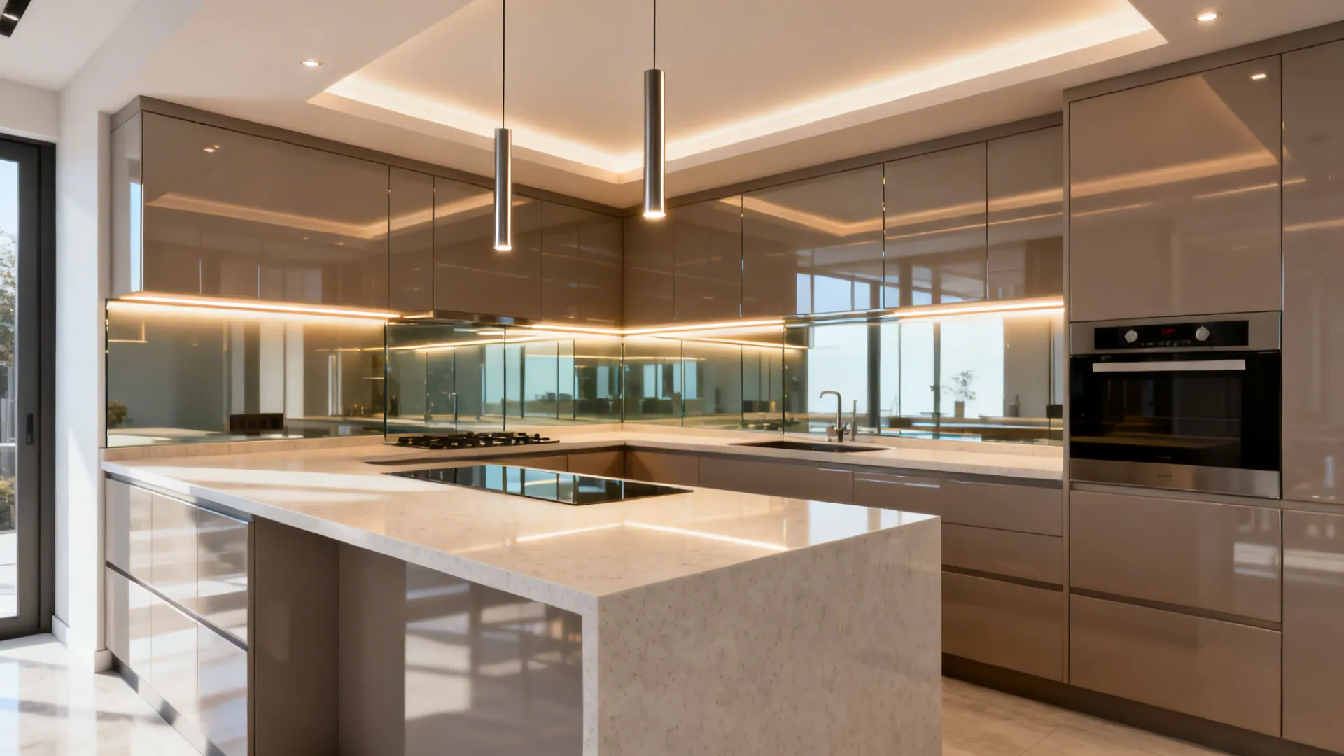 Bright G-shaped kitchen with glass backsplash and layered LED lighting.
