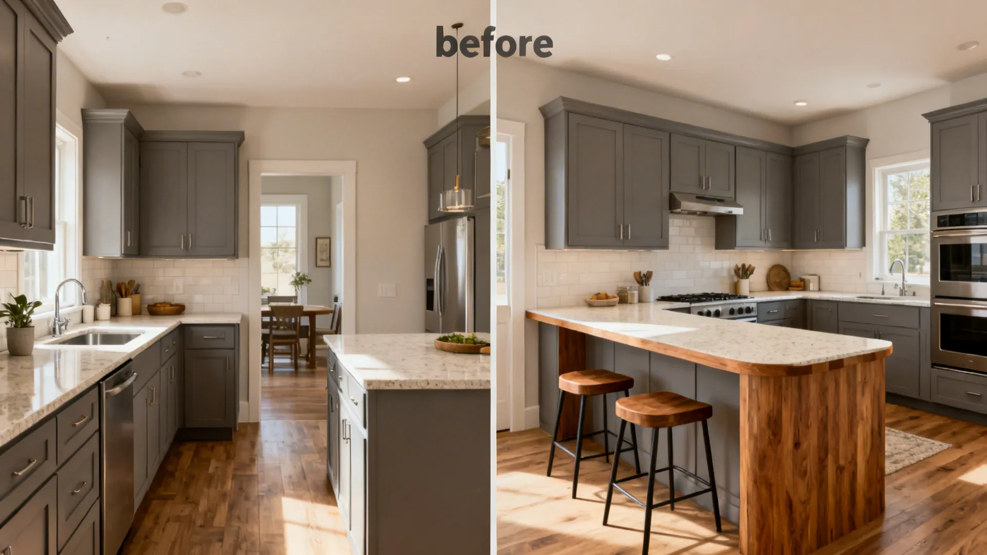 Before-and-after view from galley to G-shaped kitchen with an L core and peninsula seating.