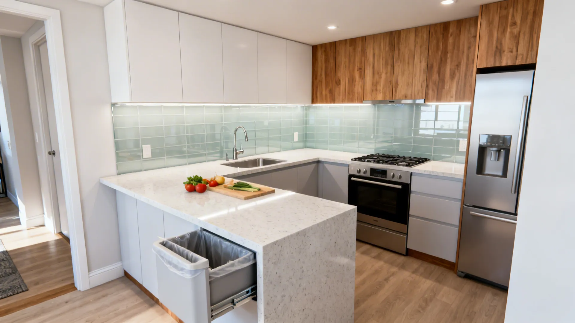 G-shaped kitchen with a dedicated prep peninsula and clear 42-inch aisle.