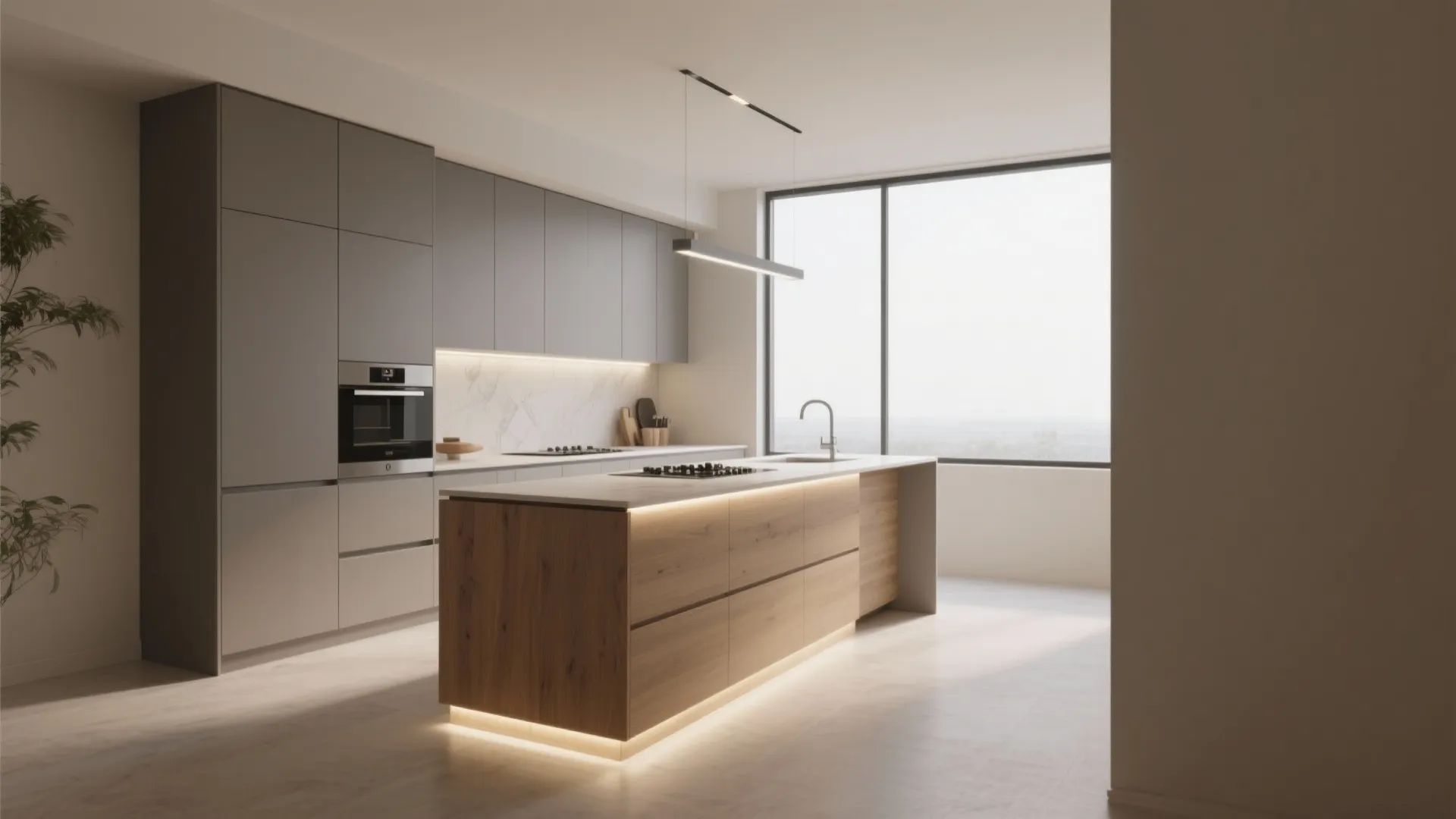 Modern kitchen with grey cabinets wood island ceiling light large windows and warm under cabinet lighting