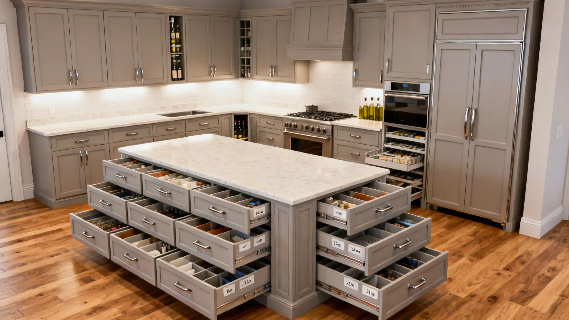 Storage-forward G-shaped kitchen with deep drawers, tall uppers, and a pull-out near the range.