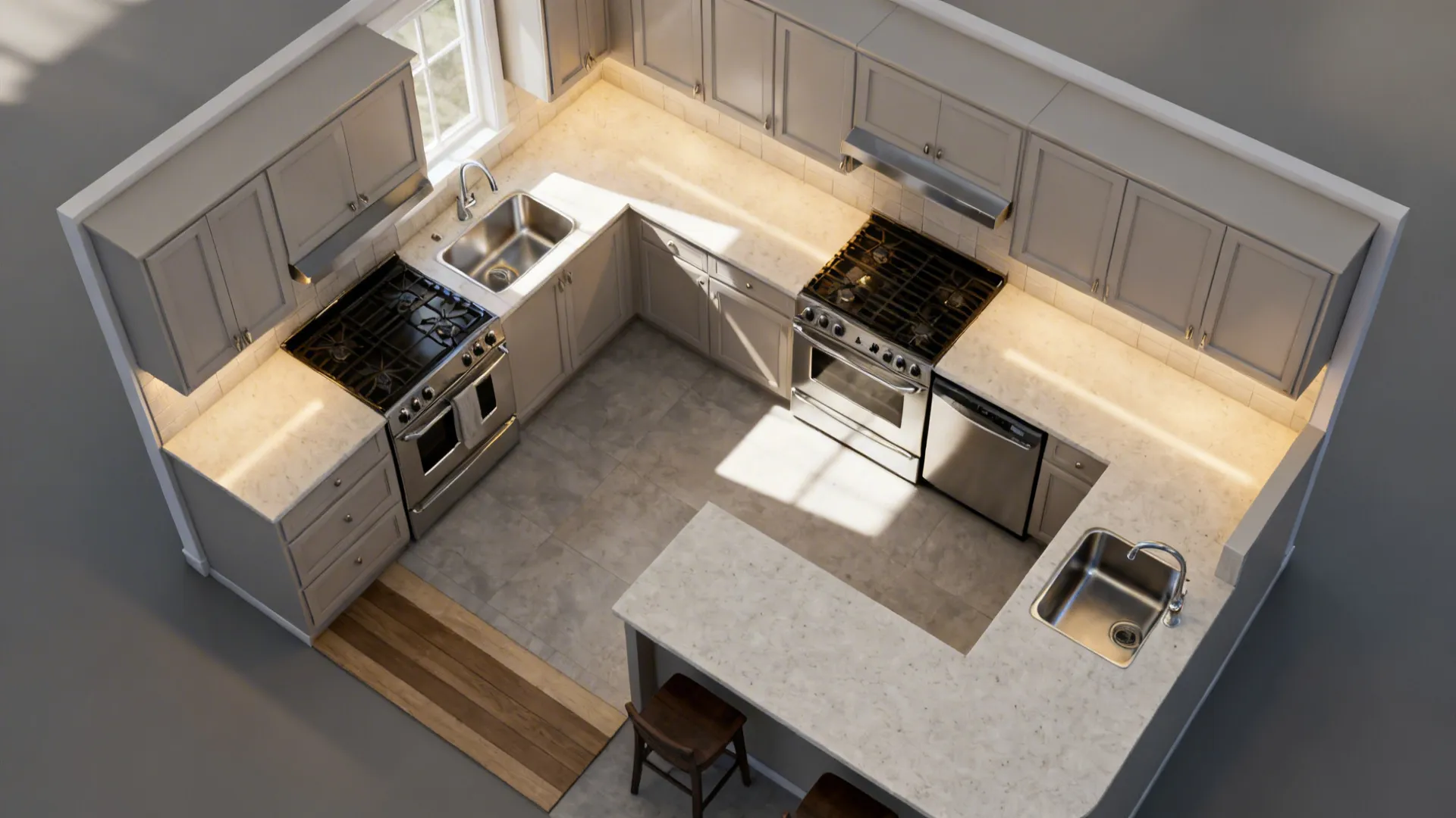Top-down view of a G-shaped kitchen showing cooking and cleanup zones.