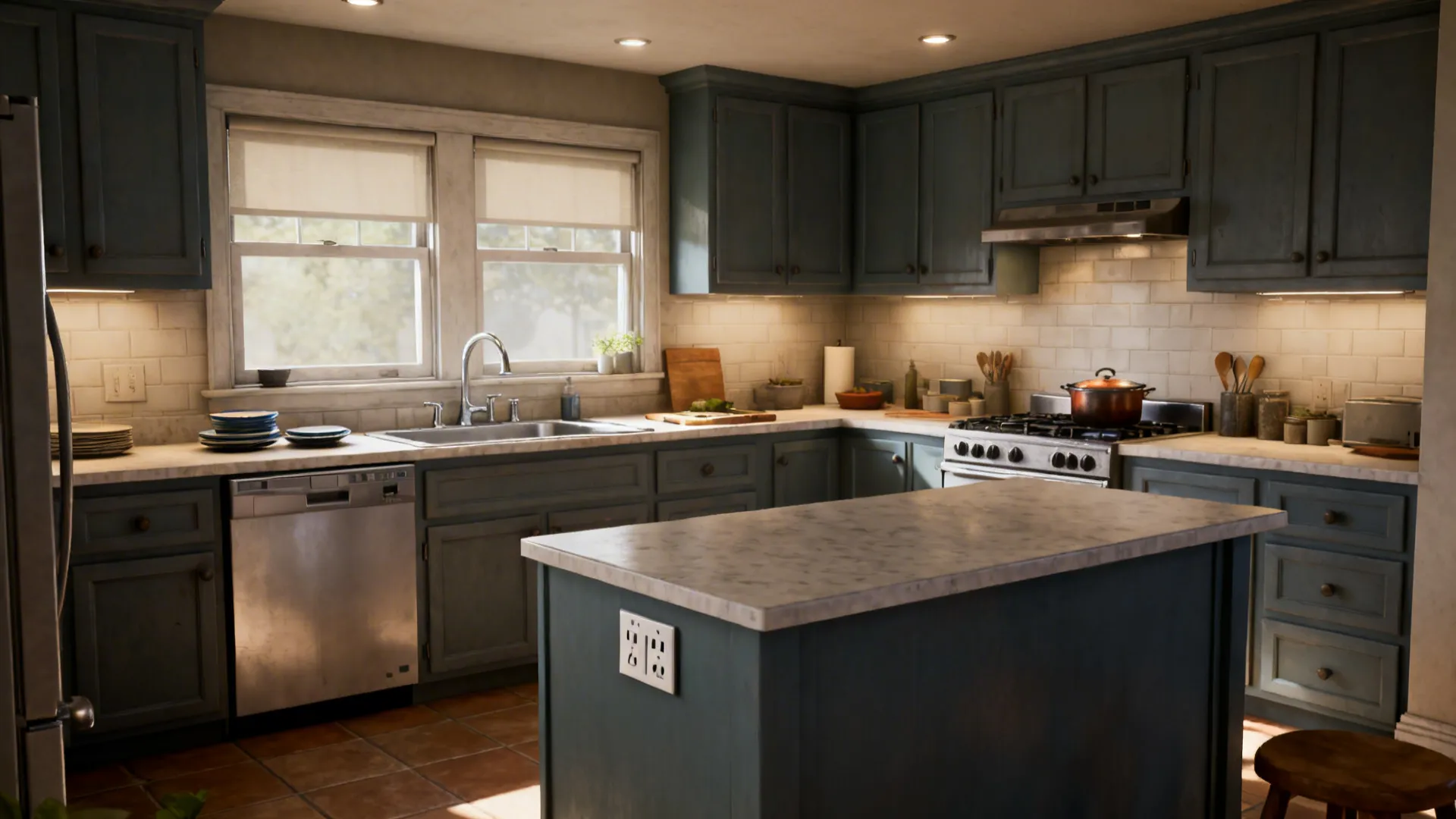 G-shaped kitchen with cleanup on one leg and cooking on the adjacent leg.