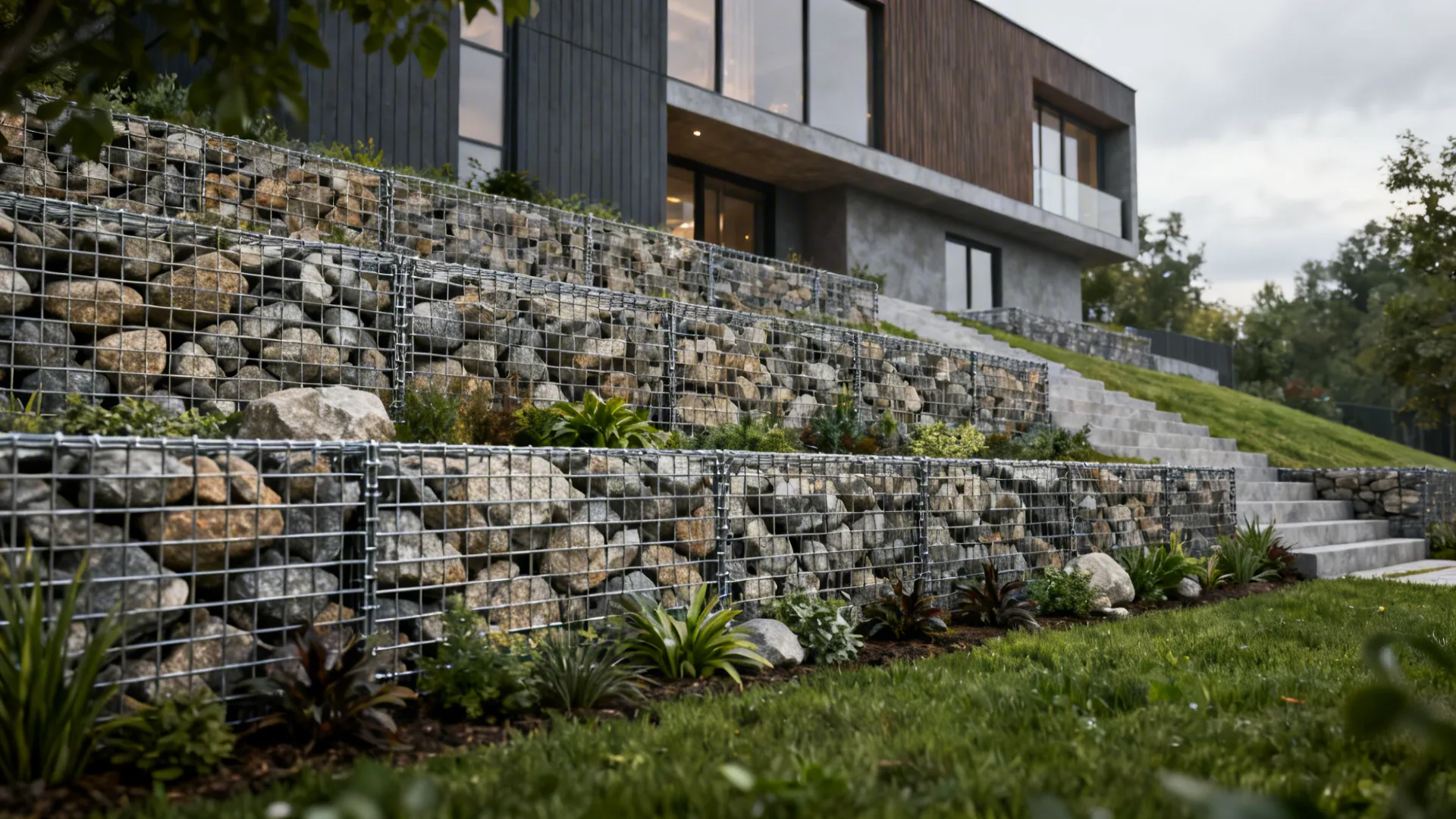 Gabion baskets filled with local stone used as textured retaining elements in a front yard.
