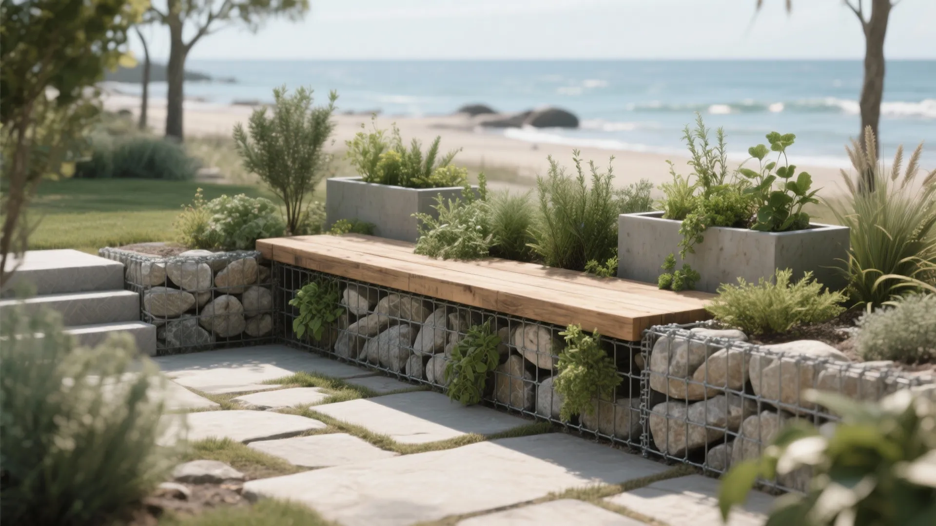 Outdoor wooden bench with stone base near beach featuring green plants in modern concrete planters