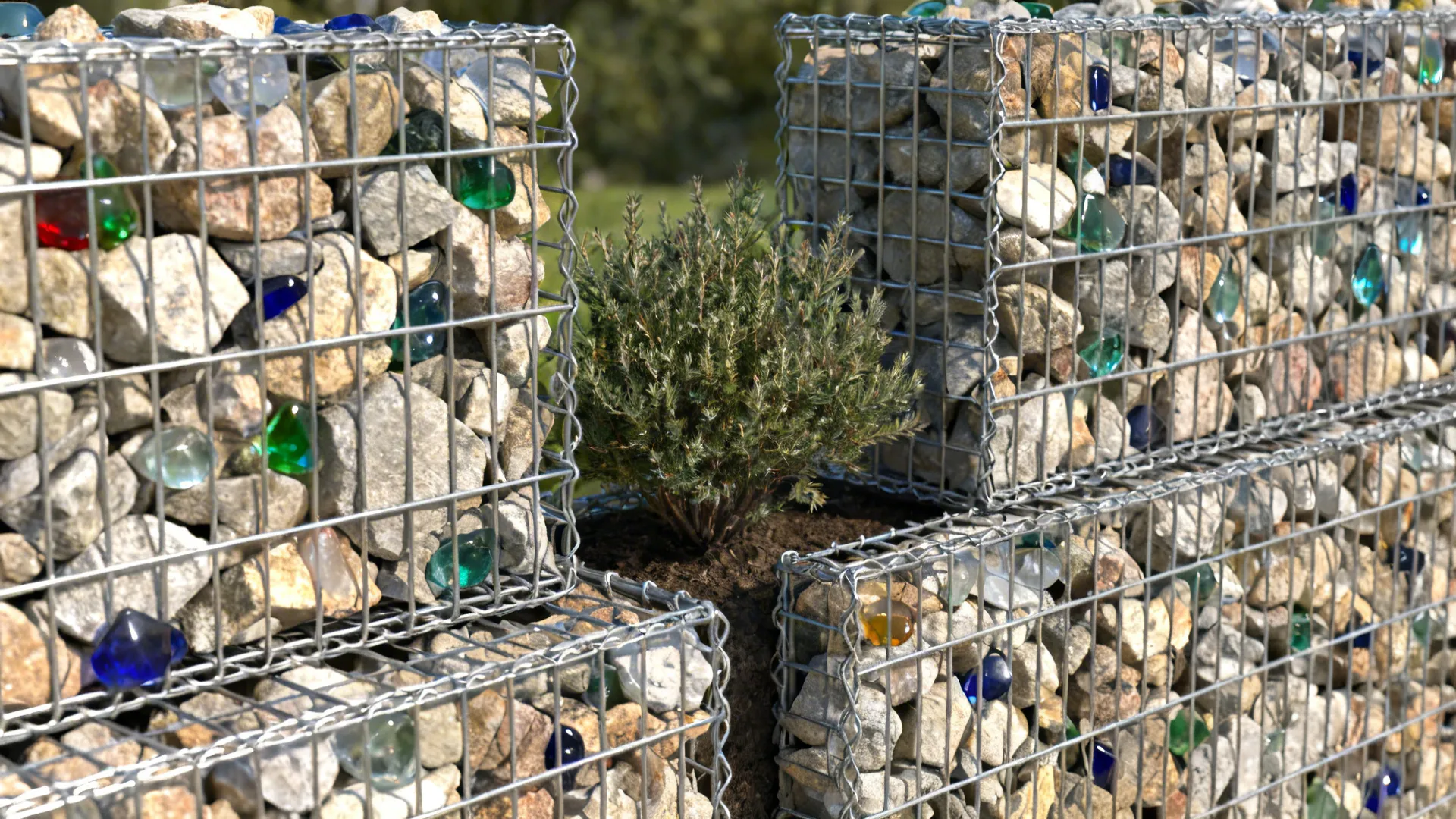 Gabion wall filled with stone and recycled glass with a planting gap between two short runs