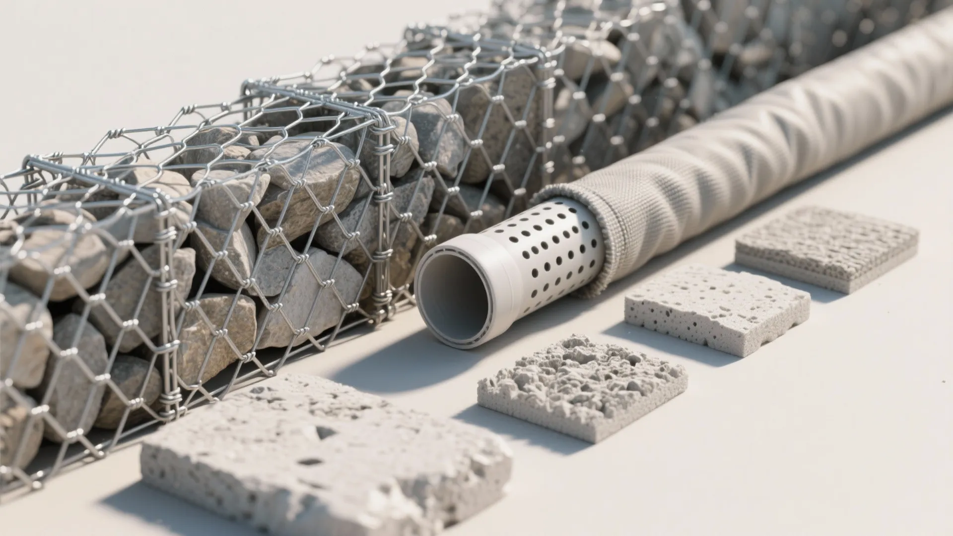 Close up view of wire mesh stone wall materials including drainage pipes and textured square tiles