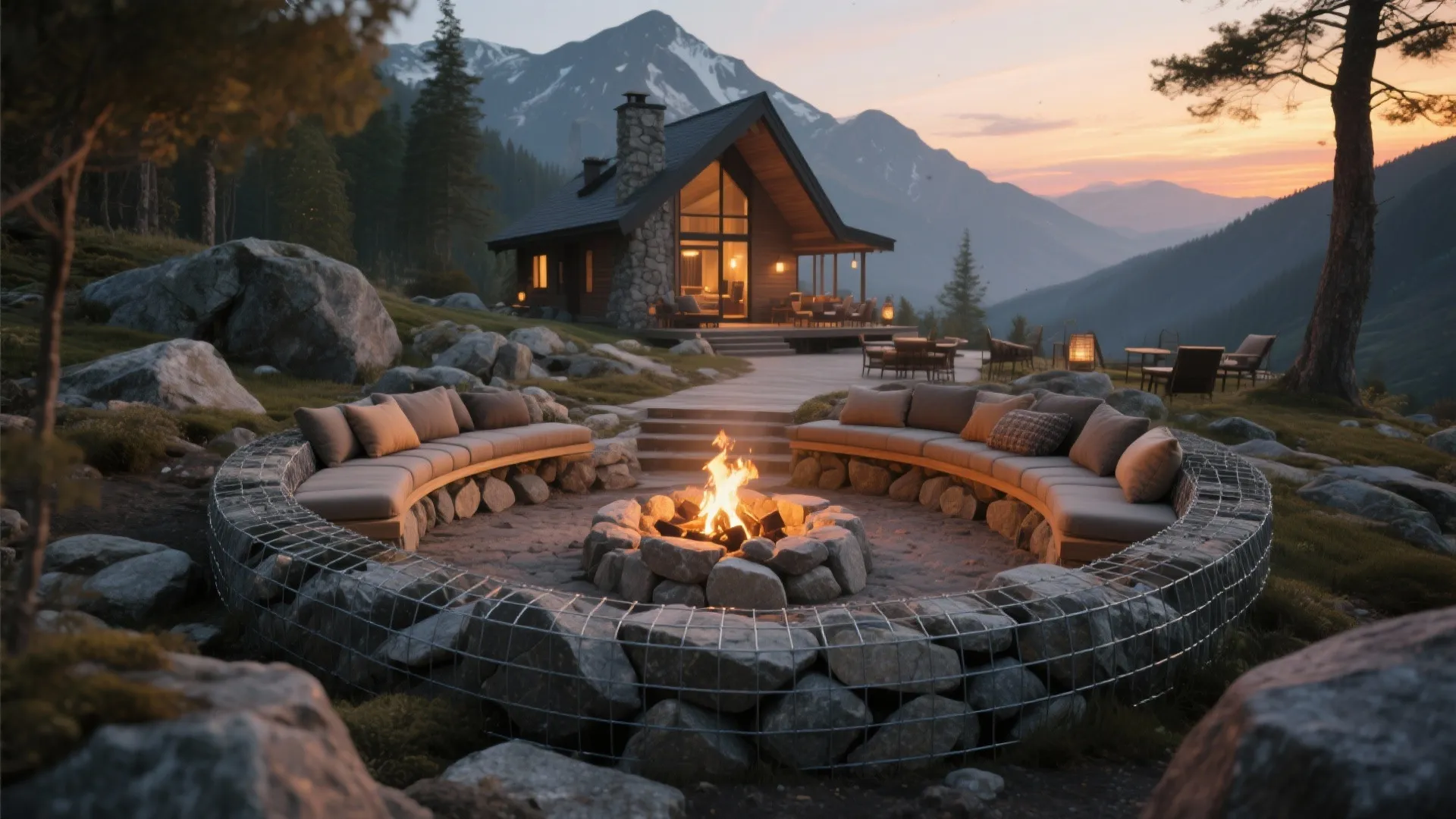 Outdoor fire pit with circular stone seating area near a wooden cabin and beautiful mountain sunset