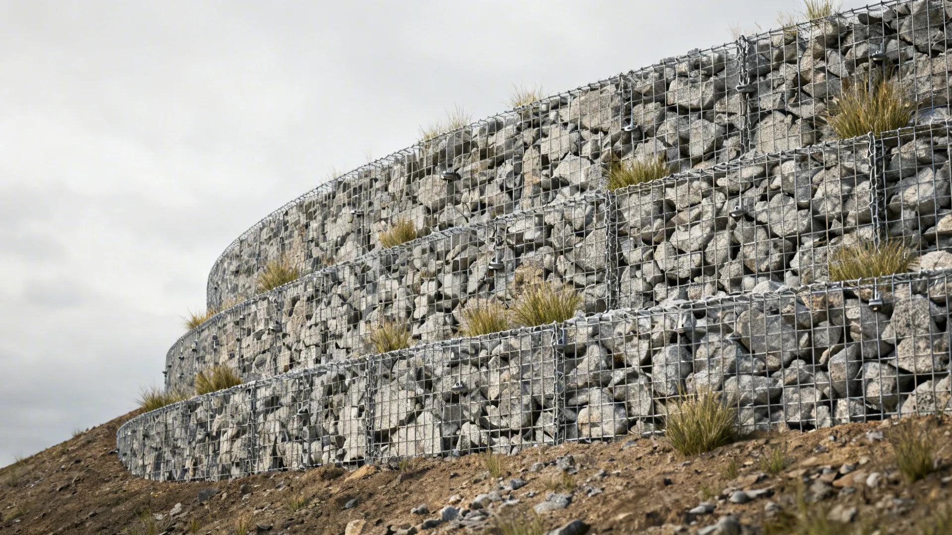 Curved gabion basket retaining wall filled with reclaimed concrete and planted with native grasses