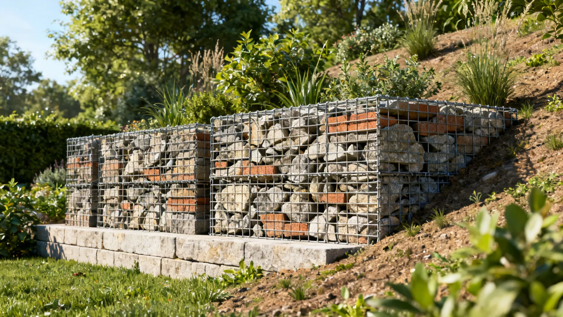 Gabion baskets filled with reclaimed stone forming a modern retaining edge with plants softening the look.