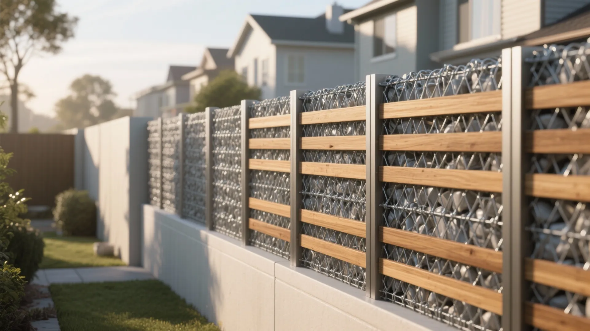 4. Privacy screen: gabion fence with timber inserts